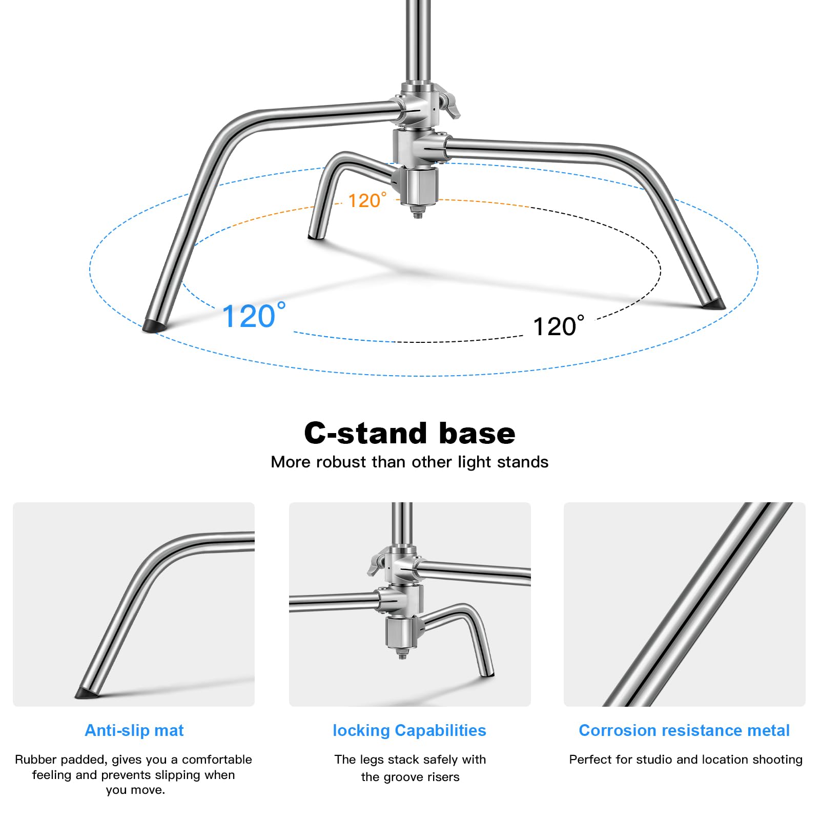 Soonpho 330cm Heavy Duty Stainless Steel C-Stand with 4.2ft Boom Arm - Professional Photography Light Stand for Studio, Reflectors & Softboxes - Spring Damping for Stable Shooting - Perfect for Video Recording, YouTube & Film Production (Silver)
