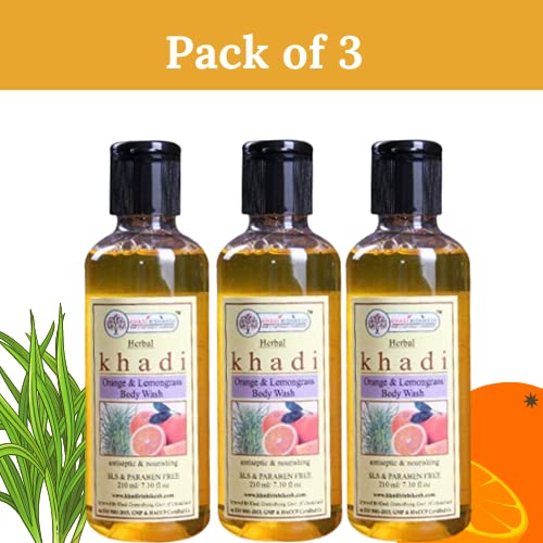 **Khadi Rishikesh Herbal Orange Lemongrass Body Wash for Acne Scars - Clear & Smooth Skin, Removes Impurities & Dirt - Unisex (Pack of 3 x 210ml) with Free Watermelon Lip Balm - Perfect for Daily Skincare & Post-Workout Refreshment**