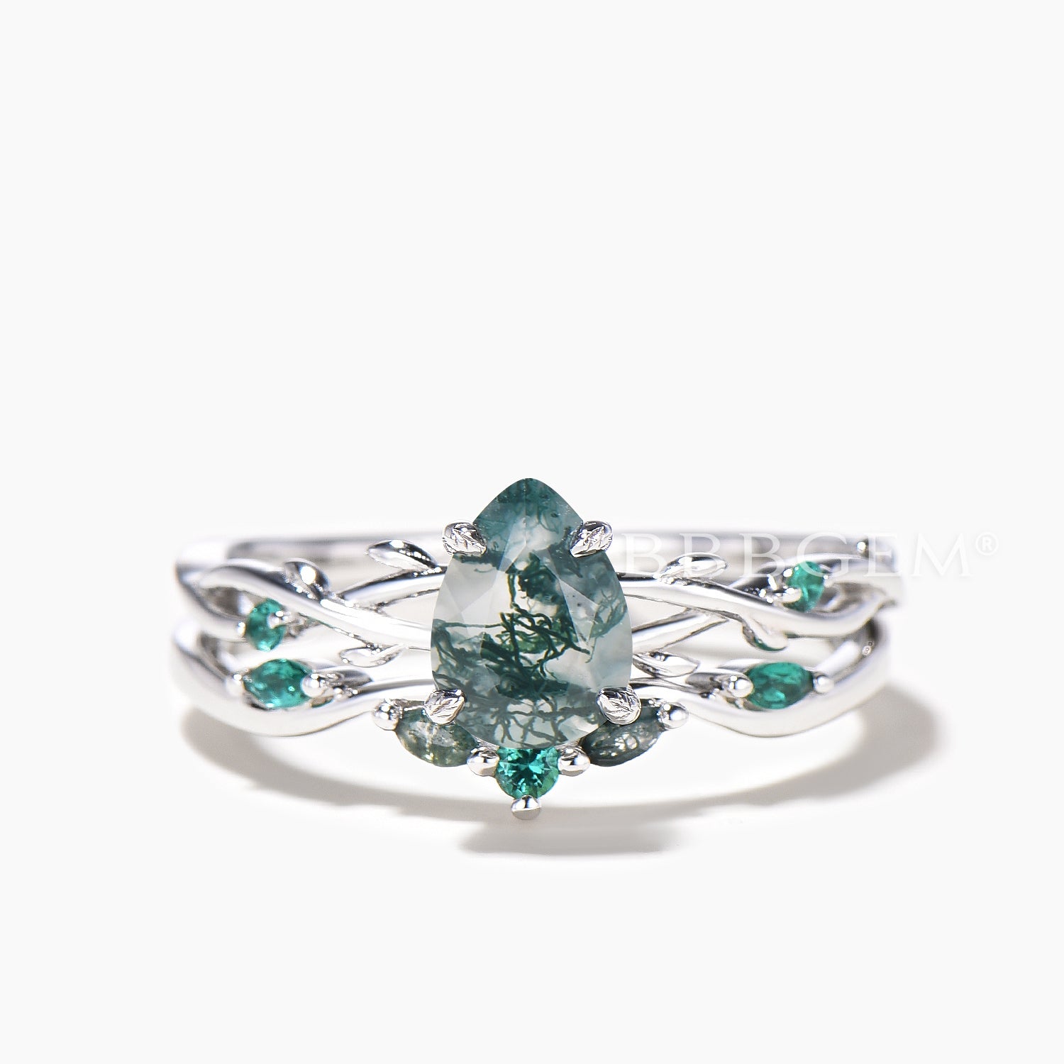 Nature Inspired Twisted Vine Moss Agate & Emerald Bridal Ring Set | Wedding, Engagement, Anniversary Jewelry Gift for Her