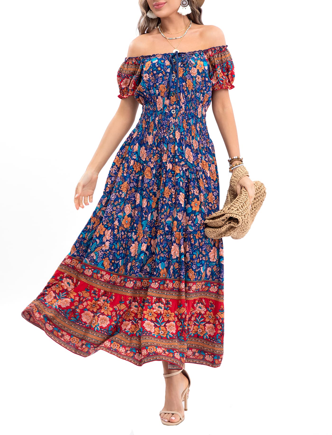 OSTOO Women's 2025 Summer Floral Maxi Dress - Boho Tiered Long Dress with Short Sleeves, Casual Flowy Beach Dress for Vacation, Party & Outdoor Date Night