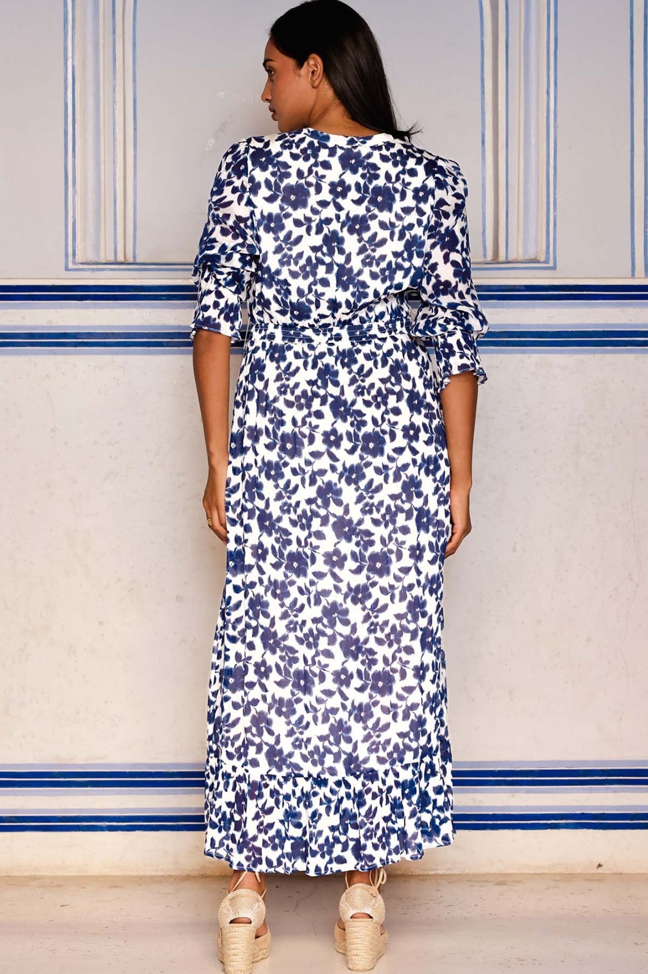 Maeve Georgette Dress - Floral Navy & White Flowy Midi Dress for Women | Perfect for Summer Weddings, Garden Parties & Date Nights