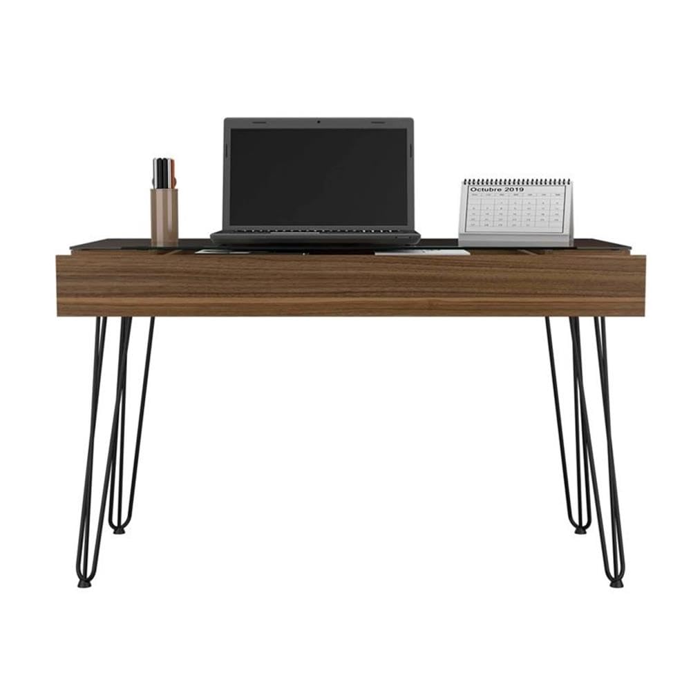 Modern Wood Desk with Abstract Steel Legs - Mahogany Finish Home Office Desk for Study, Work & Conference Room - Stylish & Durable Writing Table for Professionals & Students