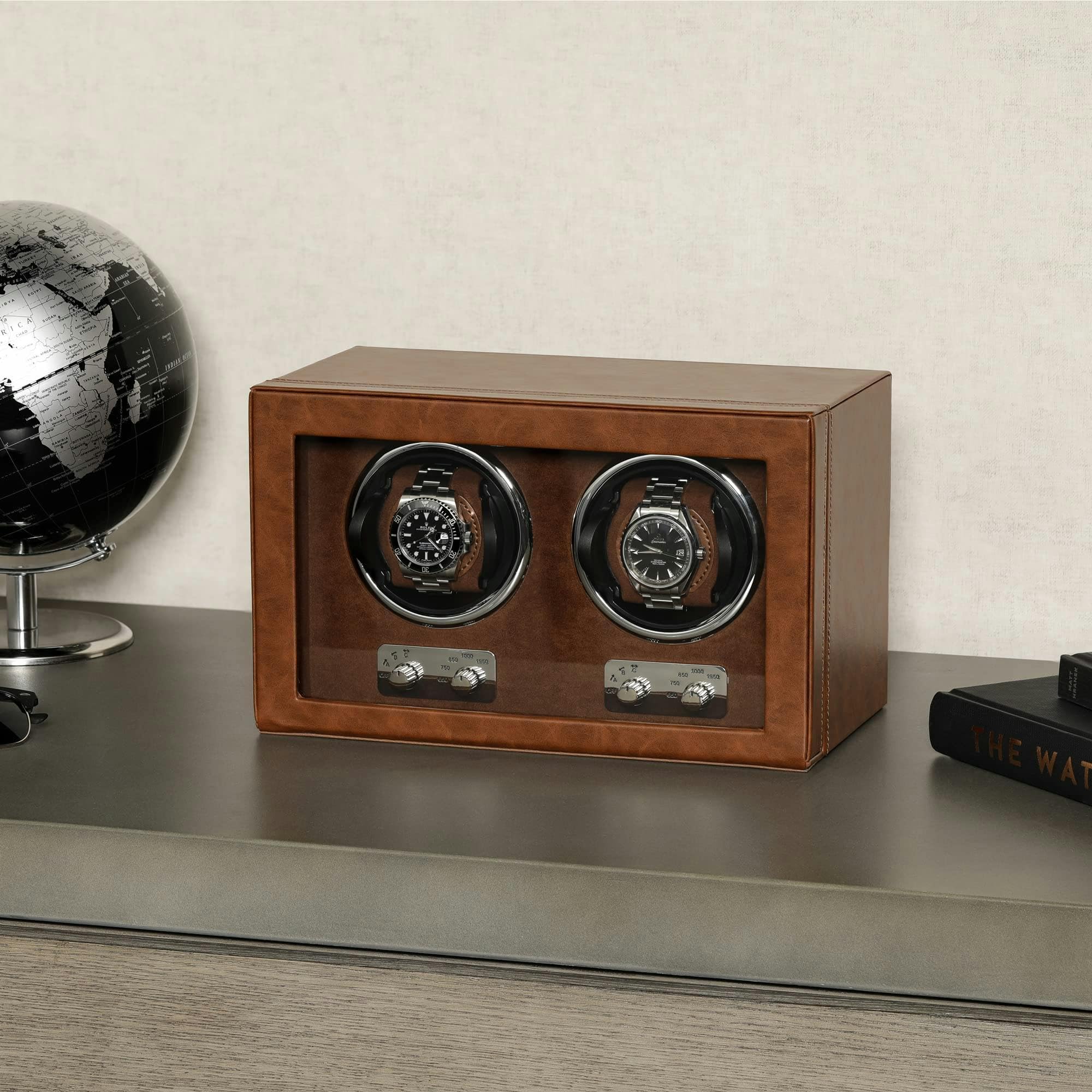 ROTHWELL Double Automatic Watch Winder - Quiet Motor, Multiple Speed & Rotation Settings (Tan/Brown) - Perfect for Watch Collectors & Luxury Timepiece Storage