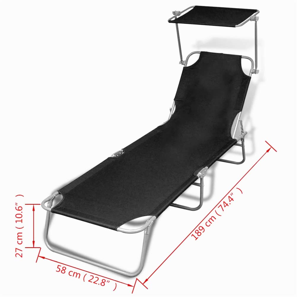 Folding Chaise Lounge Chair with Adjustable Canopy - Steel Frame & Durable Fabric - Outdoor Sunbathing & Poolside Relaxation (Black) - Perfect for Patio, Beach, and Backyard Use
