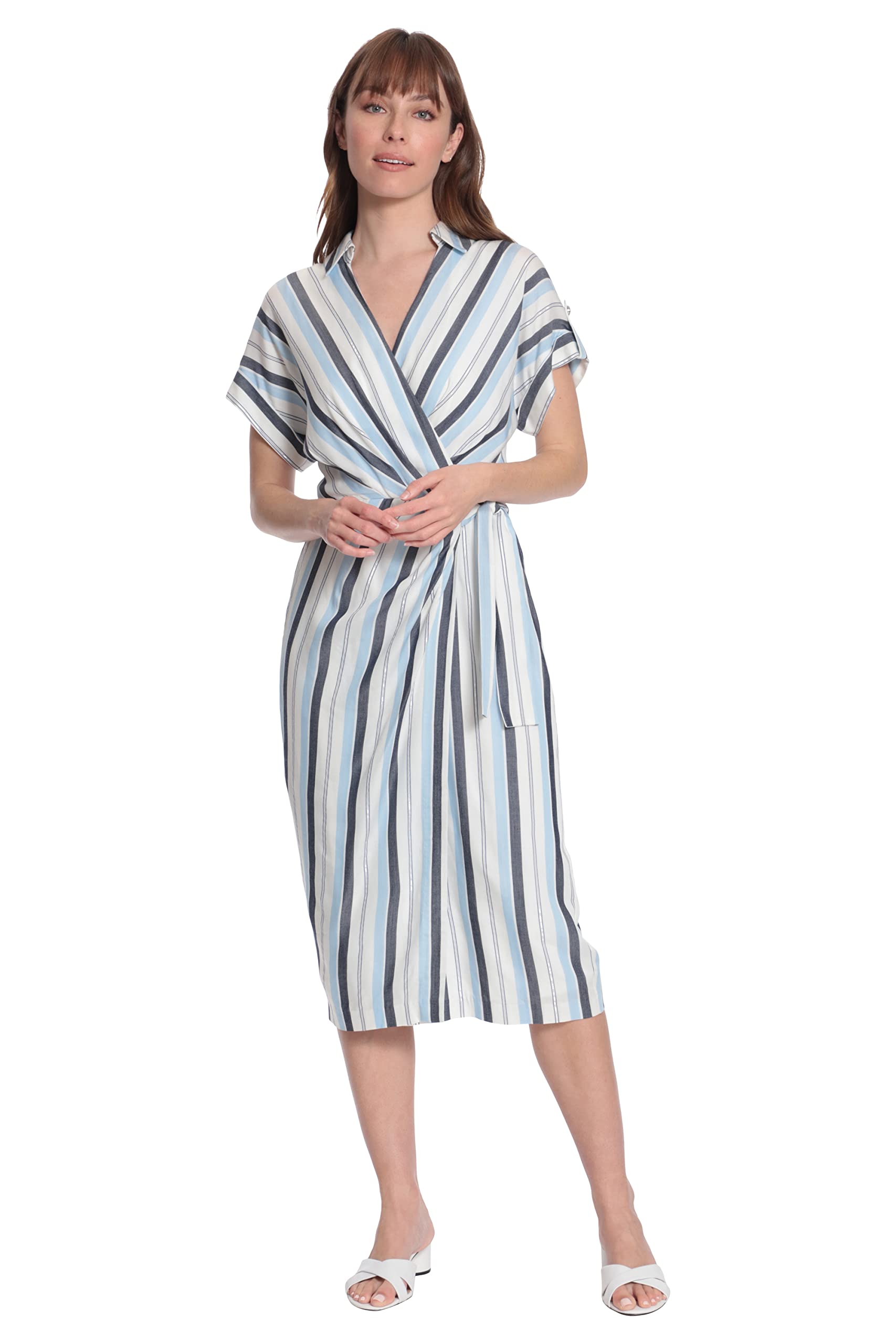 London Times Women's Striped Faux Wrap Collar V-Neck Midi Dress - Elegant Office & Cocktail Party Attire