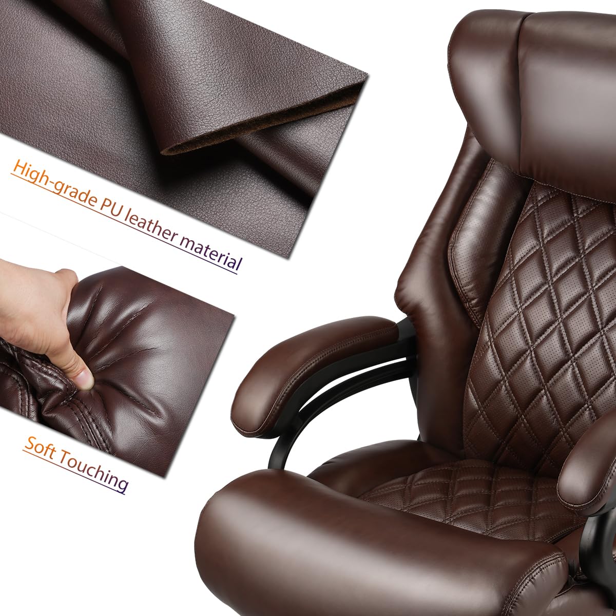 500lbs Heavy Duty Big and Tall Office Chair - Wide Spring Seat Executive Desk Chair with 360 Swivel & Large Casters - Oversized Computer Chair for Home & Office Workspaces (Brown)