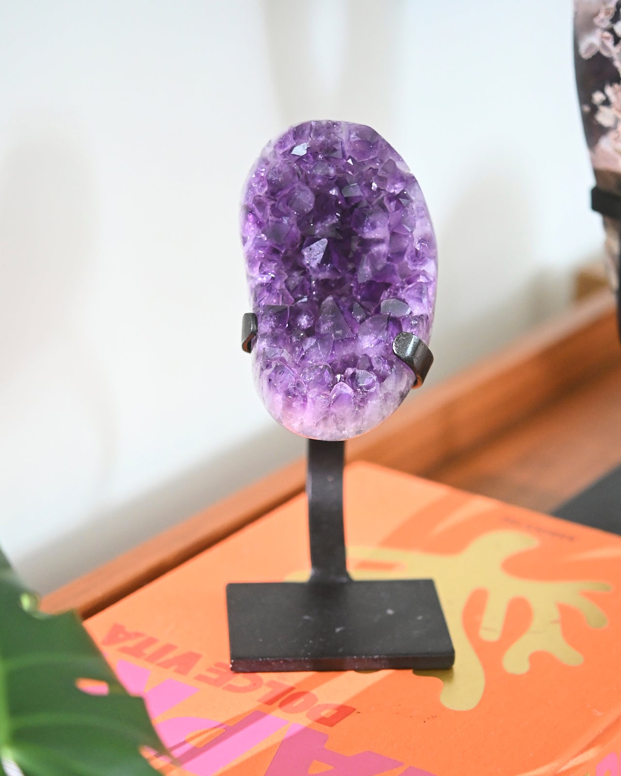 Natural Amethyst Crystal Geode on Wooden Stand - 3.3lbs Healing Stone for Home Decor, Meditation & Spiritual Gifts