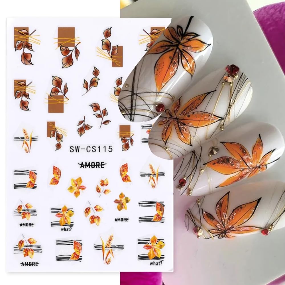 **Fall Nail Stickers - 8 Sheets Autumn Nail Decals with 3D Self-Adhesive Maple Leaf, Ginkgo & Gold Yellow Leaves - Acrylic Nail Art Designs for Women, Girls & Kids - Perfect for Thanksgiving, Halloween & Seasonal Manicures**