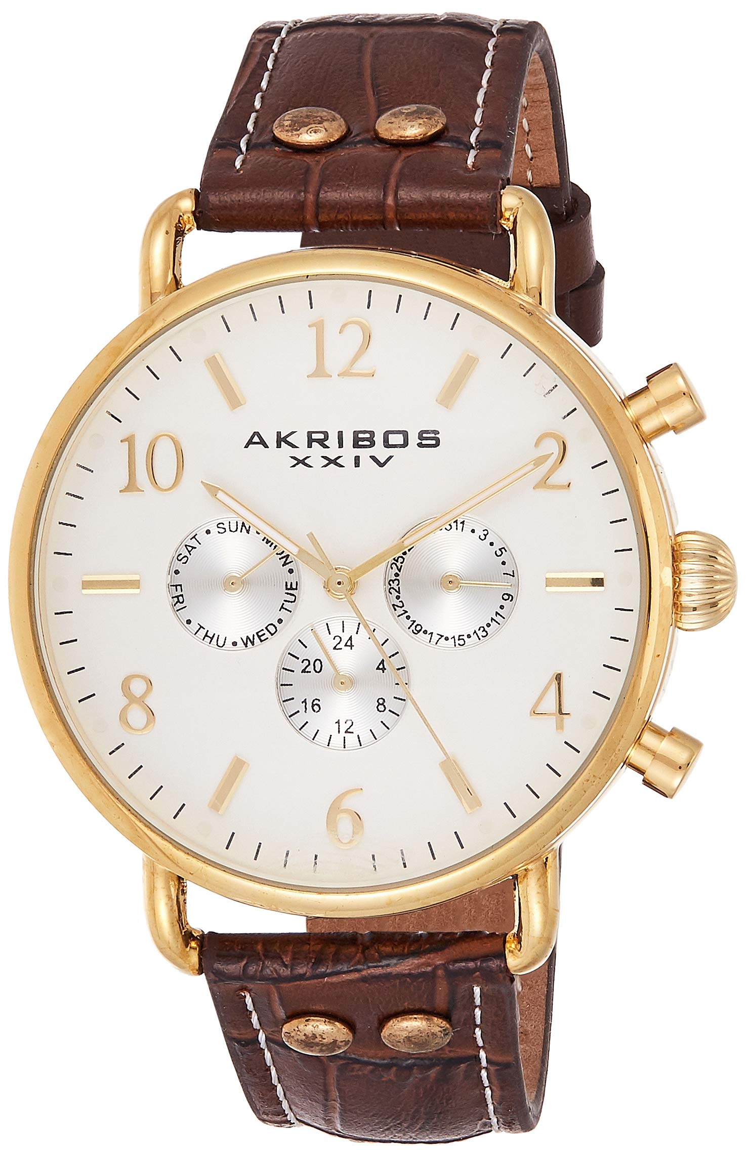 Akribos XXIV Men's Leather Watch with 3 Subdials - Day, Date & GMT Function - Calfskin Strap with White Stitching - Perfect for Business, Casual & Travel (Model AK752)