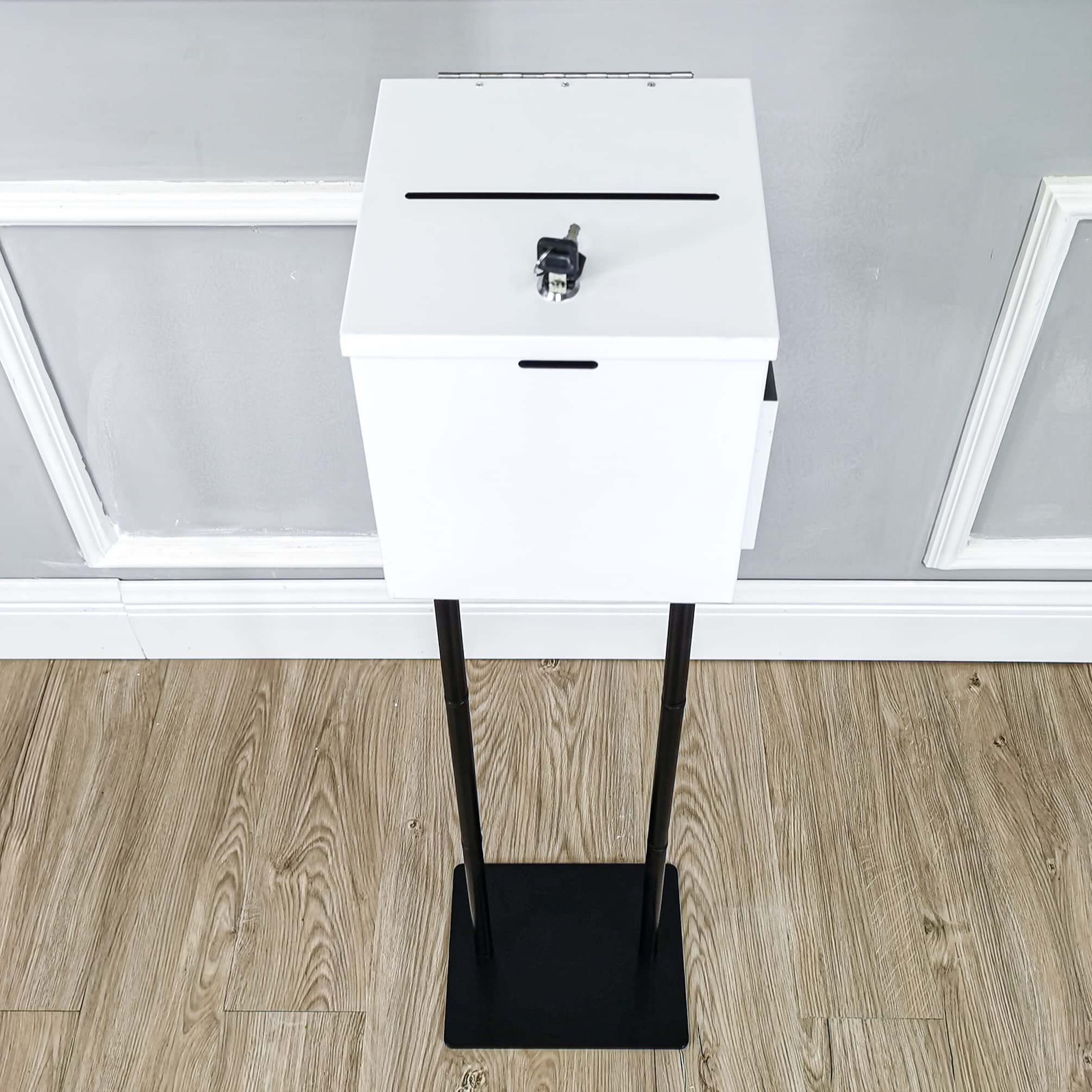 FixtureDisplays® White Metal Ballot Box with Black Stand - Secure Donation Box, Suggestion Box for Offices, Schools, Events (Model 11064+10918-WHITE-NF) - Perfect for Voting, Fundraising & Anonymous Feedback Collection