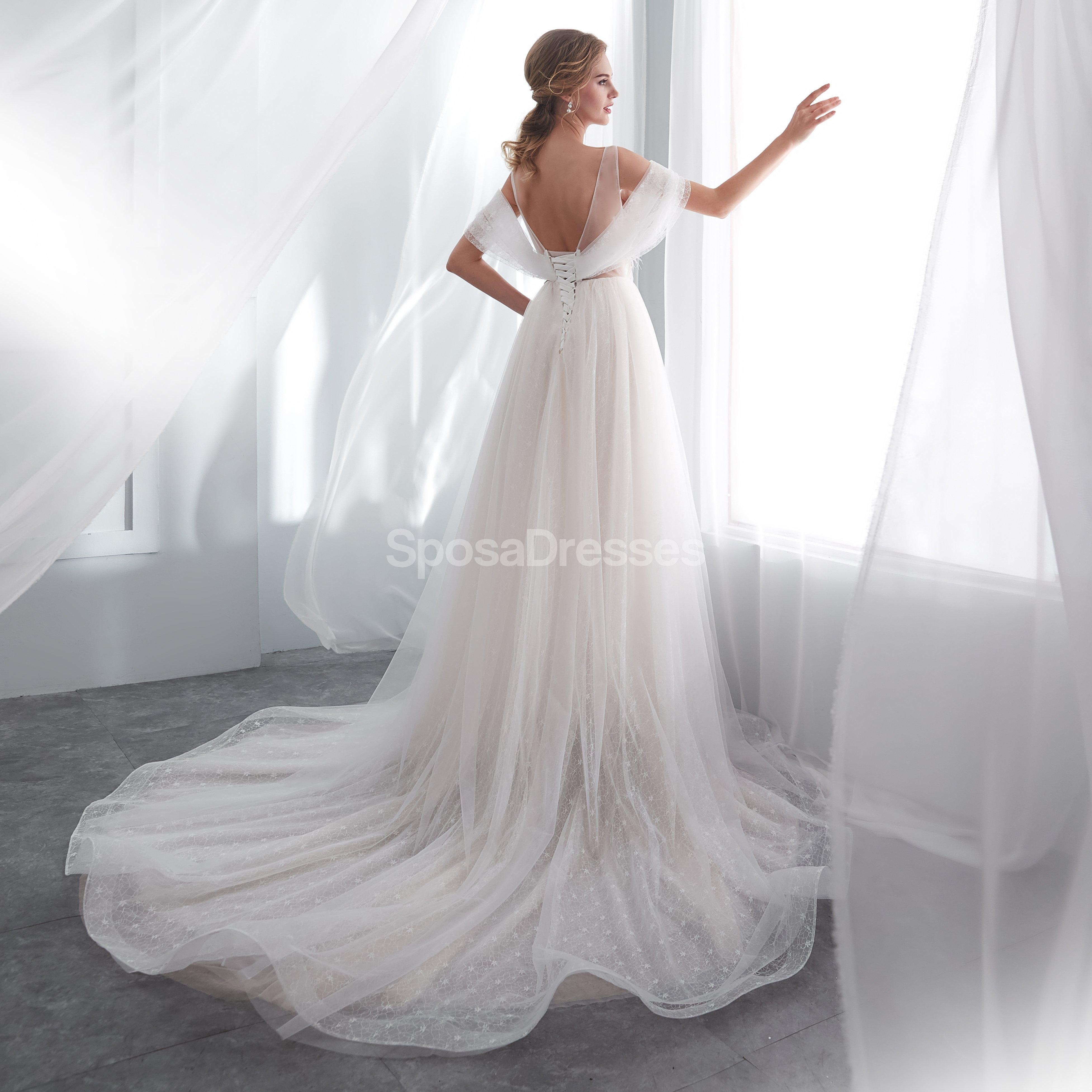 Off Shoulder Simple A-Line Scoop Neck Wedding Dress - Elegant Bridal Gown WD573 for Beach, Garden & Outdoor Ceremonies