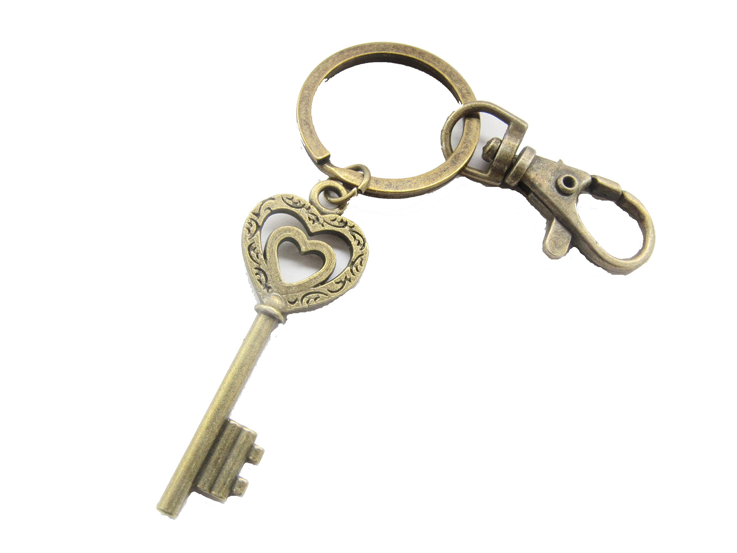 Vintage Bronze Skeleton Key Keychain with Heart Pendant - Antique Style Long Key Necklace with Swivel Clasp - Romantic Jewelry Gift for Her - Perfect for Valentine's Day, Anniversary & Wedding Accessories