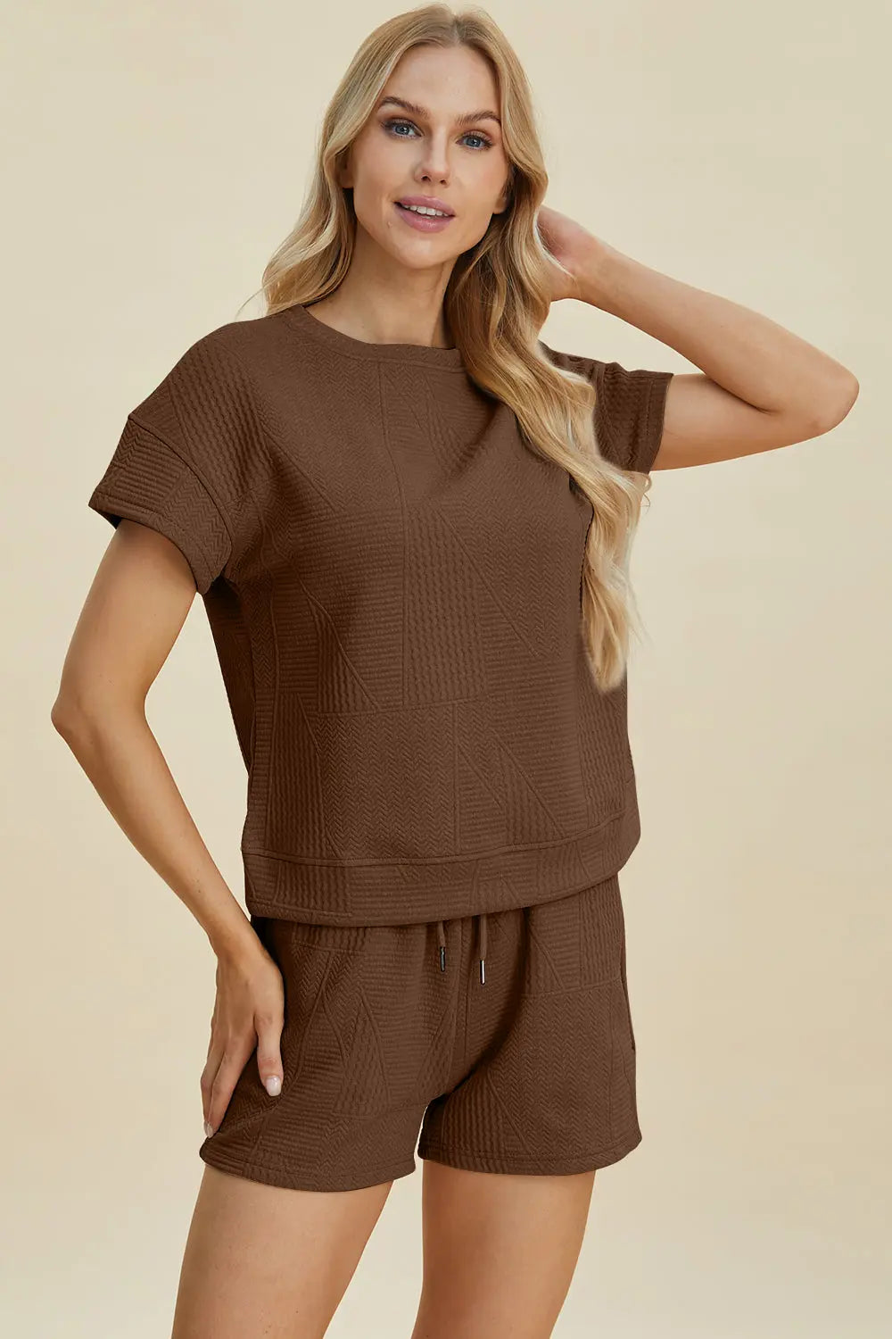 Double Take Full Size Textured Short Sleeve Top & Shorts Set - Women's Casual Summer Outfit for Beach, Yoga & Lounge Wear