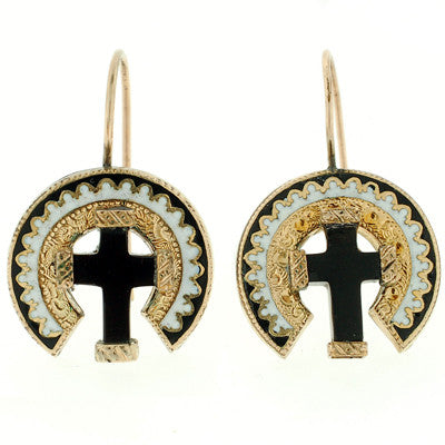 Victorian Style 15kt Gold Onyx Cross & Enamel Earring & Pin Jewelry Set - Perfect for Weddings, Anniversaries & Special Occasions
