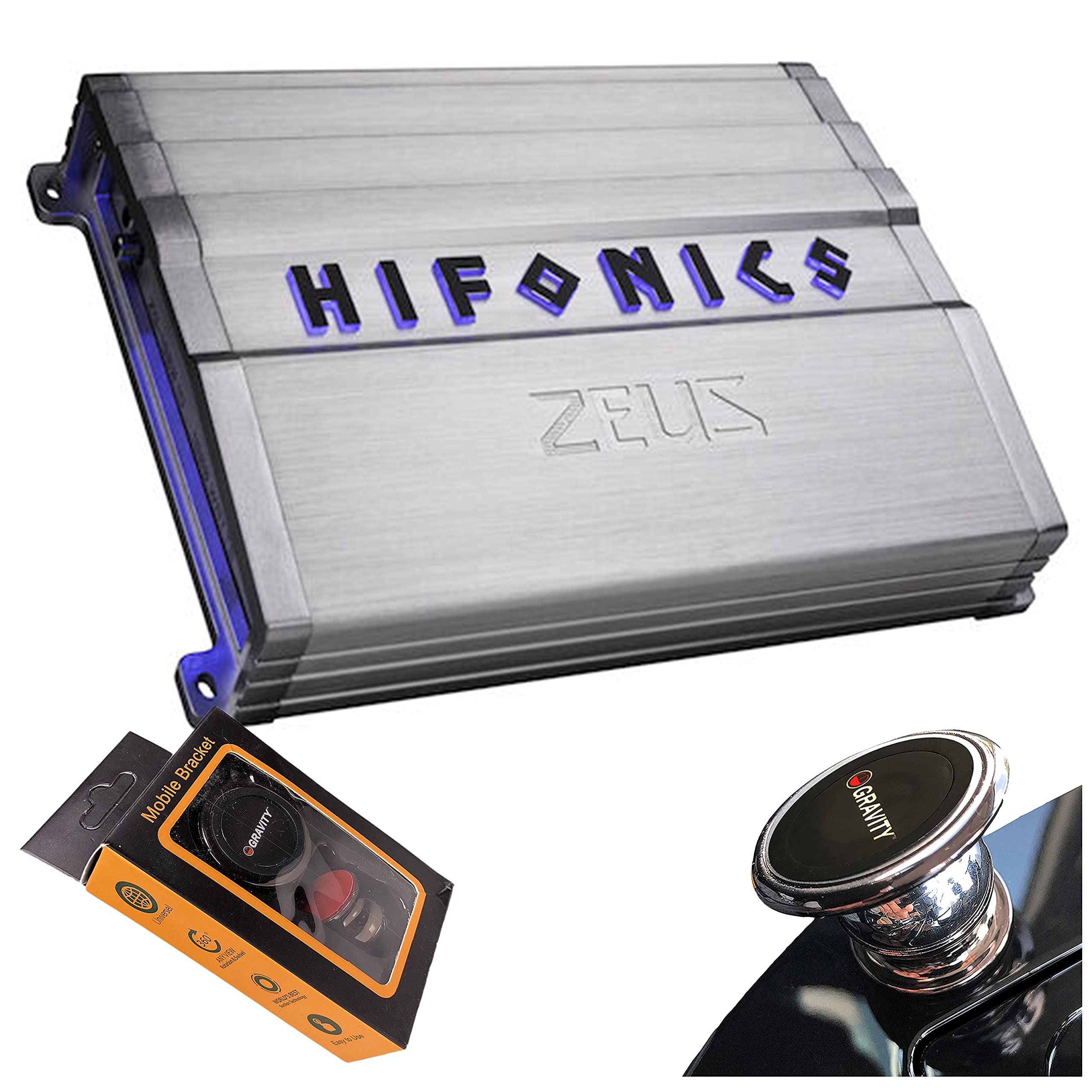 Hifonics ZG-1800.1D Zeus Gamma 1800W Monoblock Car Amplifier - 1 Channel Class D Subwoofer Amp with Gravity Magnet Phone Holder - Perfect for Car Audio Systems, Bass Boost & Sound Upgrades