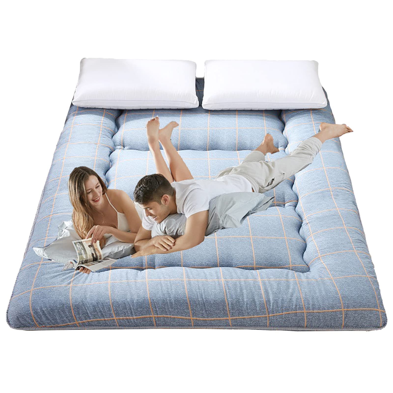 Premium Japanese Futon Mattress - Blue Grid Pattern, Thick Foldable Tatami Floor Mattress (71