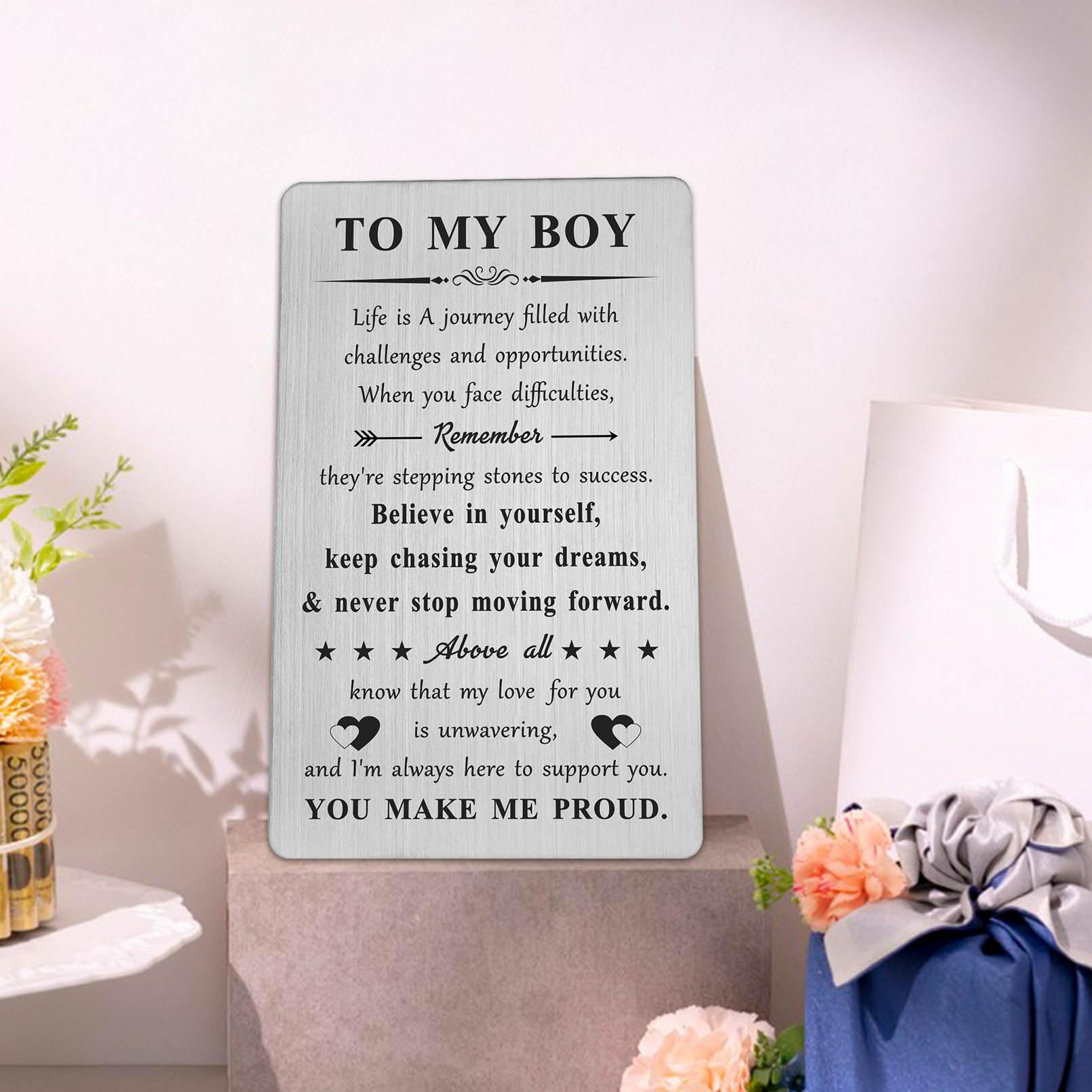 Personalized Stainless Steel Engraved Wallet Card - Thoughtful Graduation & Birthday Gift for Son from Parents - Perfect for College Graduates, High School Seniors & Special Occasions