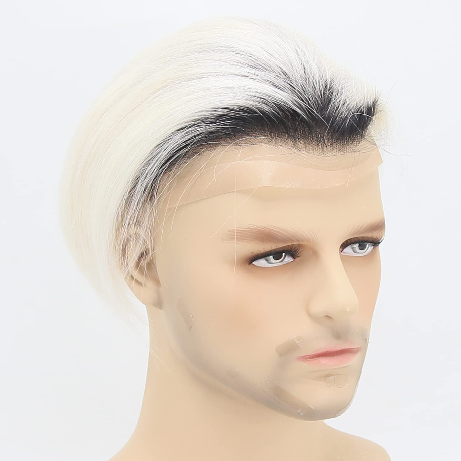 Premium 8x10 Inch Human Hair Toupee for Men - Black Roots Ombre Platinum Blonde #60 | Lace Front Hairpiece with Soft Thin Skin & PU Base | Natural Looking Hair Replacement System for Daily Wear & Special Occasions