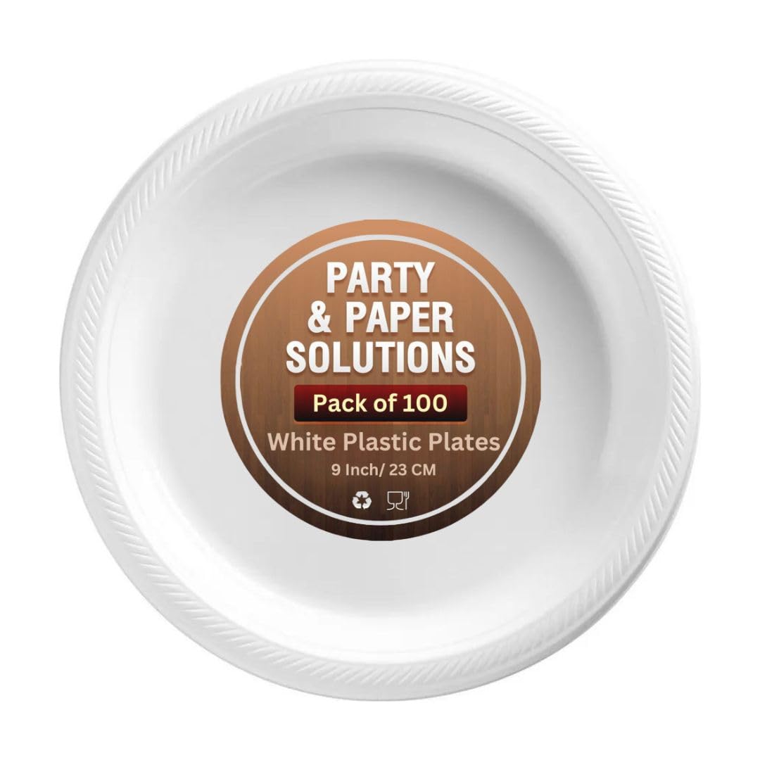 100 White Plastic Plates 9 Inch (23cm) - Durable & Sturdy Disposable Plates for Hot & Cold Food - Perfect for Parties, Picnics, BBQs & Everyday Use