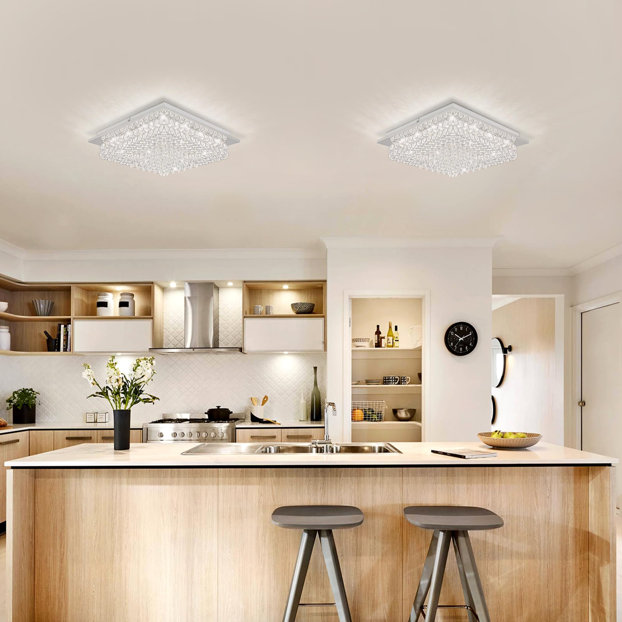 Modern LED Flush Mount Ceiling Light - Crystal Chandelier Lighting Fixture for Hallway, Bedroom & Kitchen - Dimmable Energy-Saving Light for Home Decor & Dining Room Ambiance
