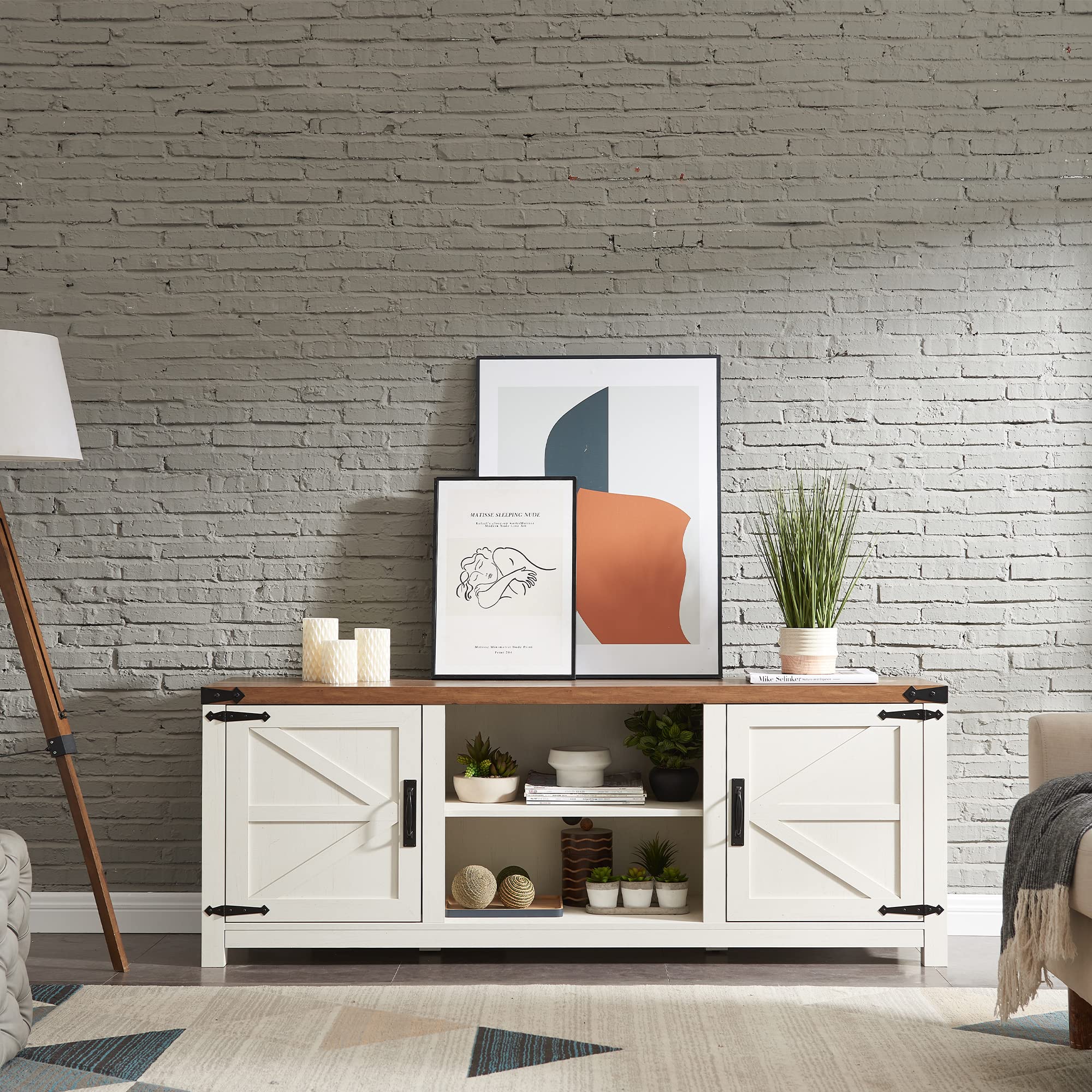 T4TREAM 75 Inch Farmhouse TV Stand - Rustic Wood Barn Door Media Console with Storage Cabinets, Easy Assembly Modern Entertainment Center for Living Room (Antique White) - Perfect for Farmhouse, Rustic & Modern Home Decor