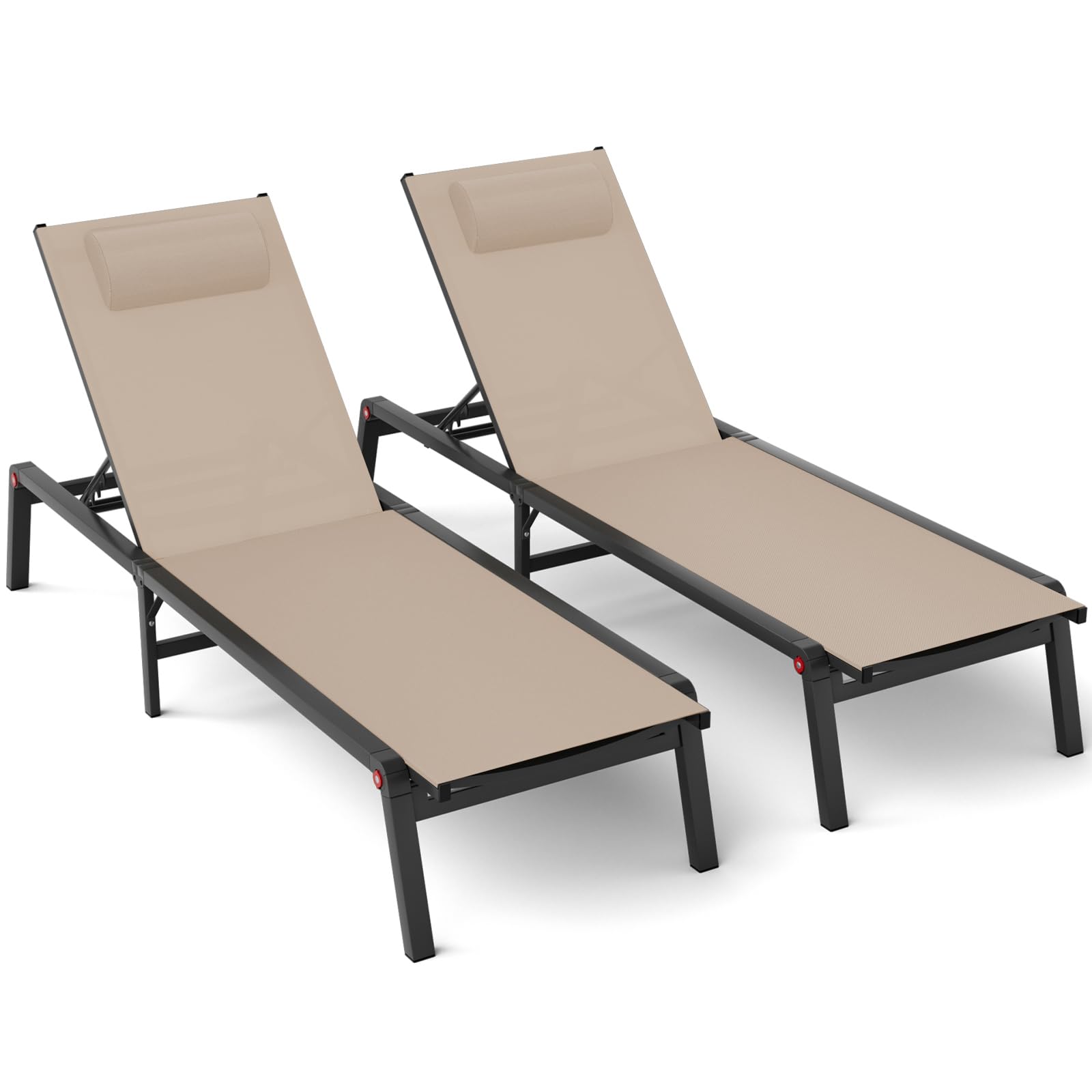 WOAJN 2-Pack Aluminum Patio Chaise Lounge Chairs - 5-Position Adjustable Backrest, Foldable Outdoor Poolside Chairs for Lawn, Deck, Beach & Backyard Relaxation (Khaki) - Perfect for Sunbathing, Lounging by the Pool, or Beachside Comfort