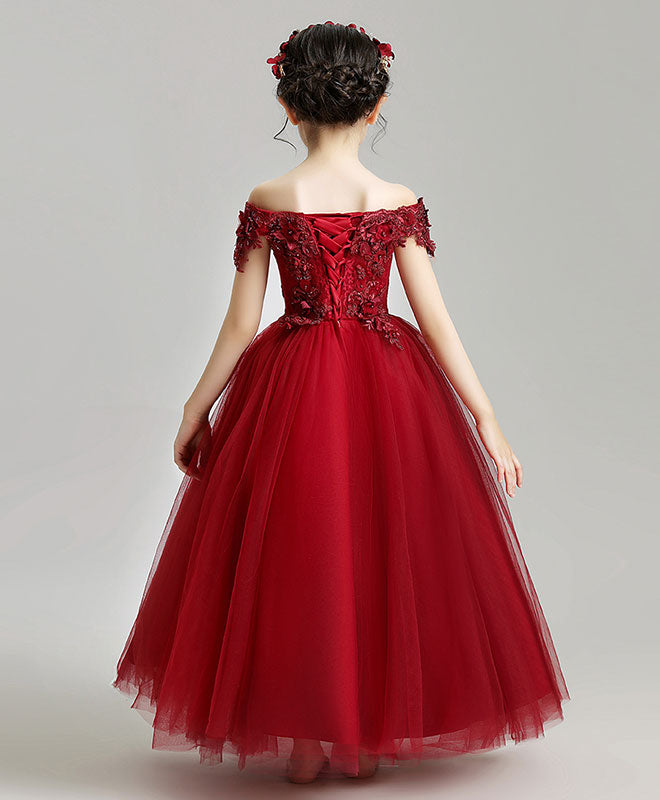 Elegant Burgundy Tulle Lace Flower Girl Dress for Weddings & Special Occasions - Perfect for Bridal Parties, Pageants & Formal Events