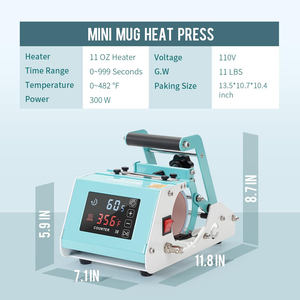 PYD Life 110V Mini Mug Heat Press Machine - Mint Green Tumbler Heat Press with Touch Screen for 11-15oz Sublimation Mugs & 18oz Sublimation Glass - Perfect for DIY Custom Drinkware, Home Business & Personalized Gifts