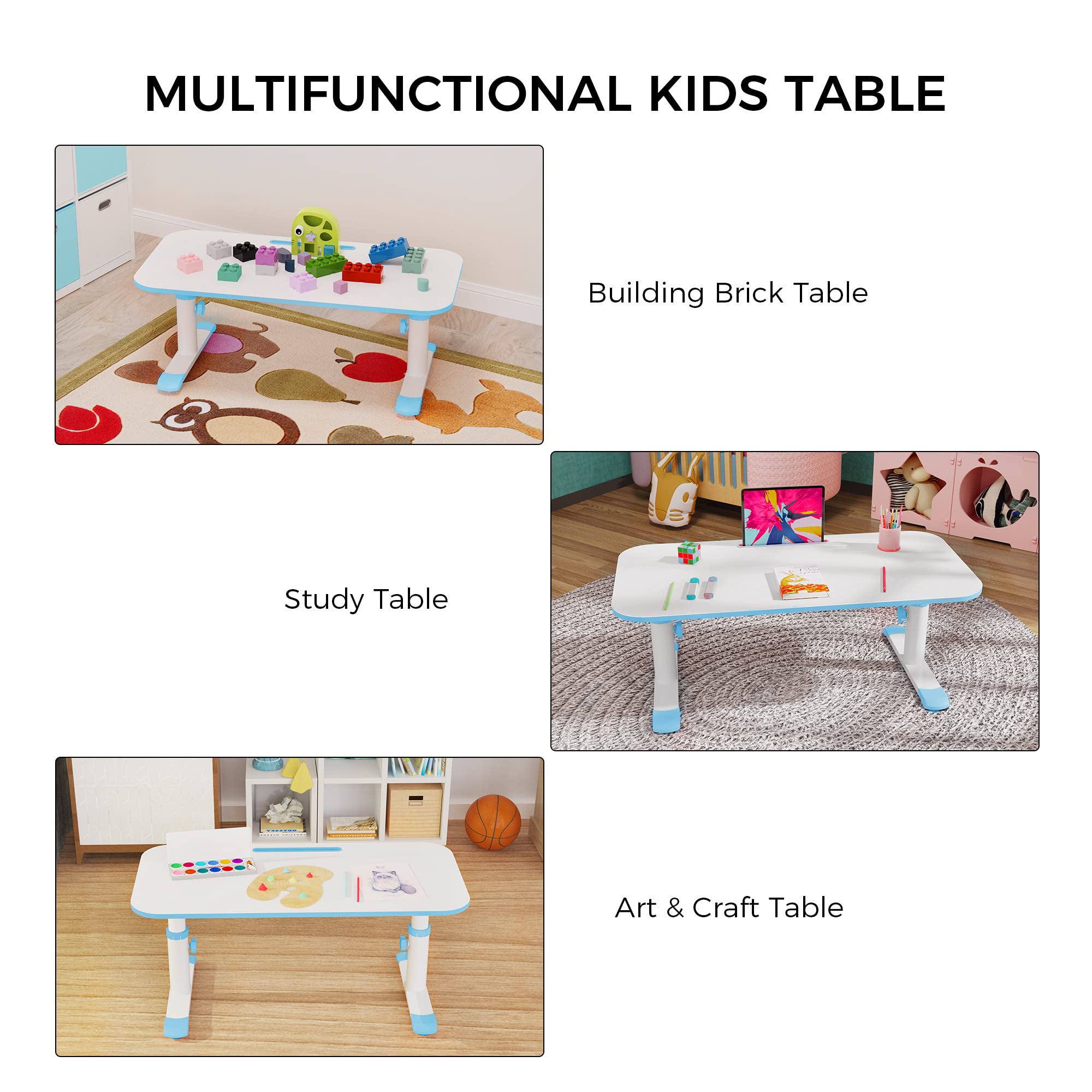 DESIGNA 39 Inch Adjustable Kids Table - 6 Height Levels, Multifunctional Children's Study Desk for Learning, Drawing, Eating & Playtime - Ergonomic Toddler Activity Table for Home & Classroom (Blue)