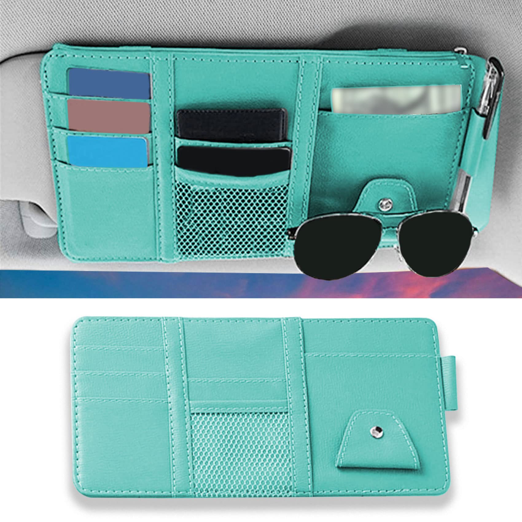 1 Pack Car Sun Visor Organizer - Sunglasses Holder & Auto Interior Accessory with Multiple Pockets for Glasses, Cards, Pens, Documents & Driver's License (Blue) | Perfect for Road Trips, Commuting & Daily Car Organization