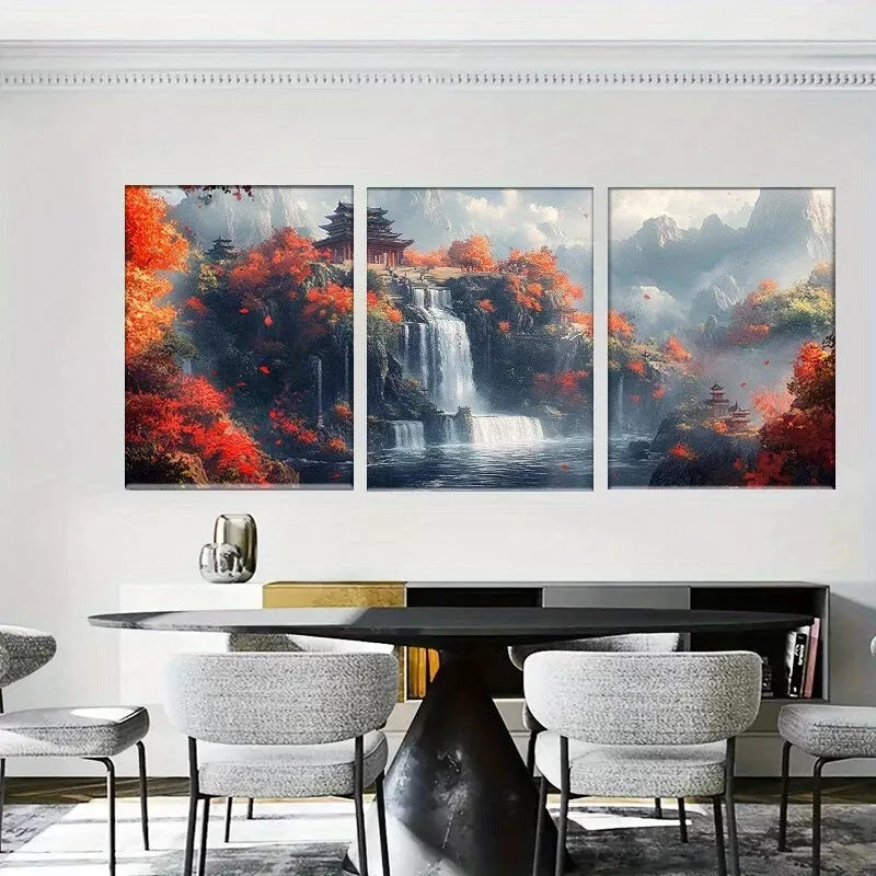 3-Piece Autumn Waterfall Chinese Landscape Wall Art Set - Framed Canvas 50x70cm (19.7x27.6in) - High Quality Print | 100% Australian Made | Ready to Hang | Perfect for Living Room, Bedroom & Office Decor