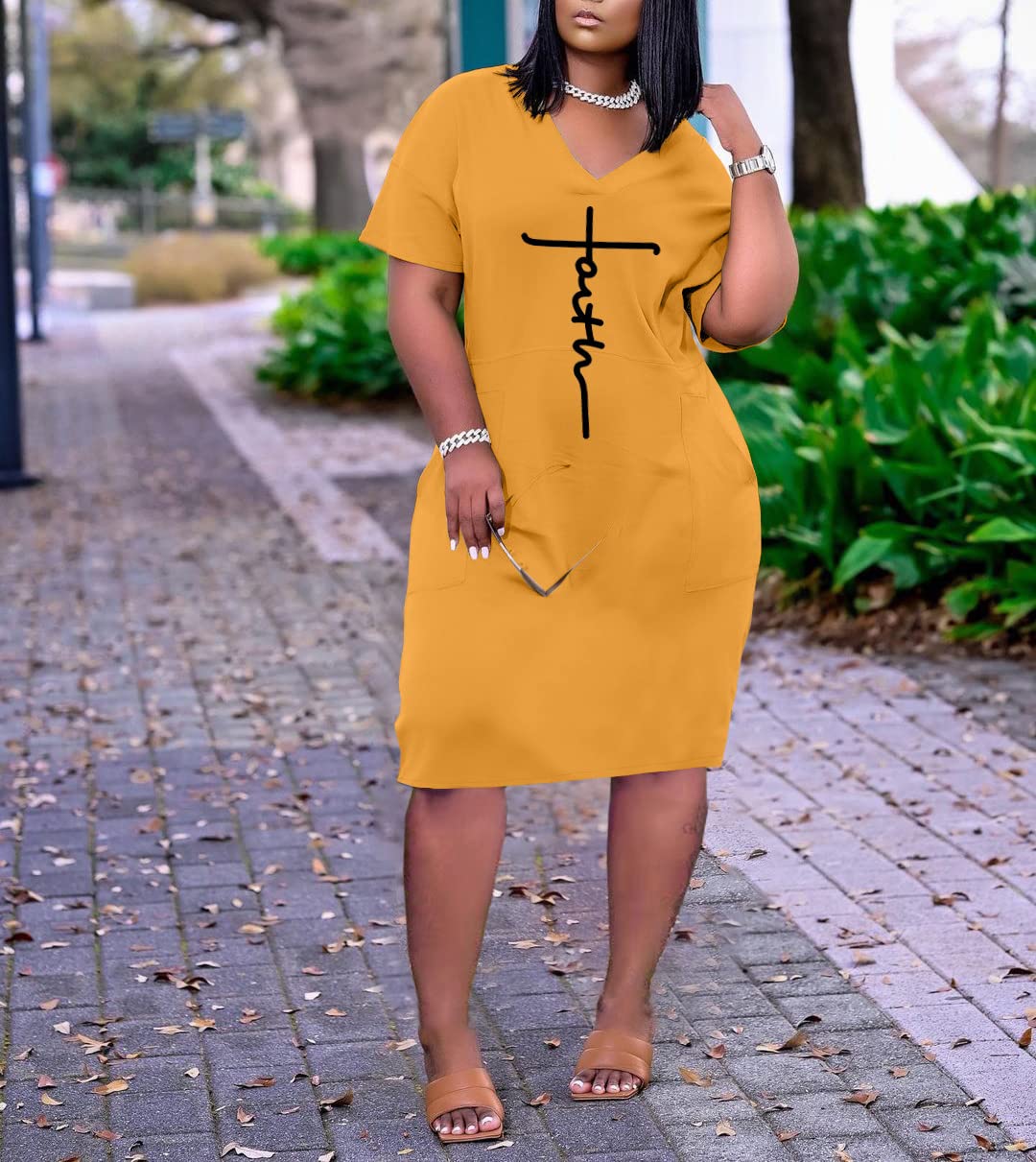 Women's Faith T-Shirt Dress - Summer Short Sleeve V-Neck Loose Casual Midi Dress with Pockets | Church Outfit, Beach Cover Up, Everyday Wear