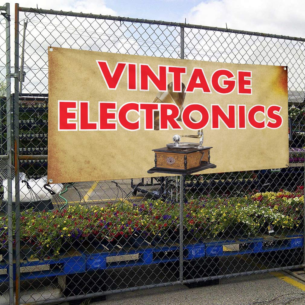 Vintage Electronics Vinyl Banner - Weatherproof Outdoor Advertising Sign with 8 Grommets (48x96 Inches) - Perfect for Yard Sales, Industrial Events & Vintage-Themed Promotions