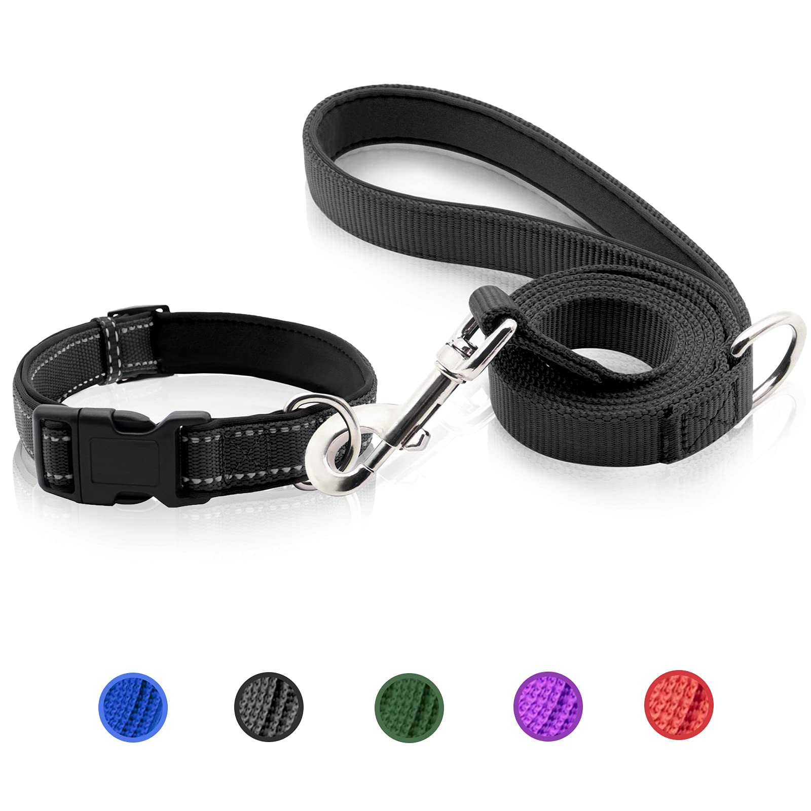 Premium Nylon Dog Collar & Leash Set - Soft Padded Handle, Adjustable Reflective Collar with Quick Release Buckle for Small Dogs (Black, 4FT Leash + 12