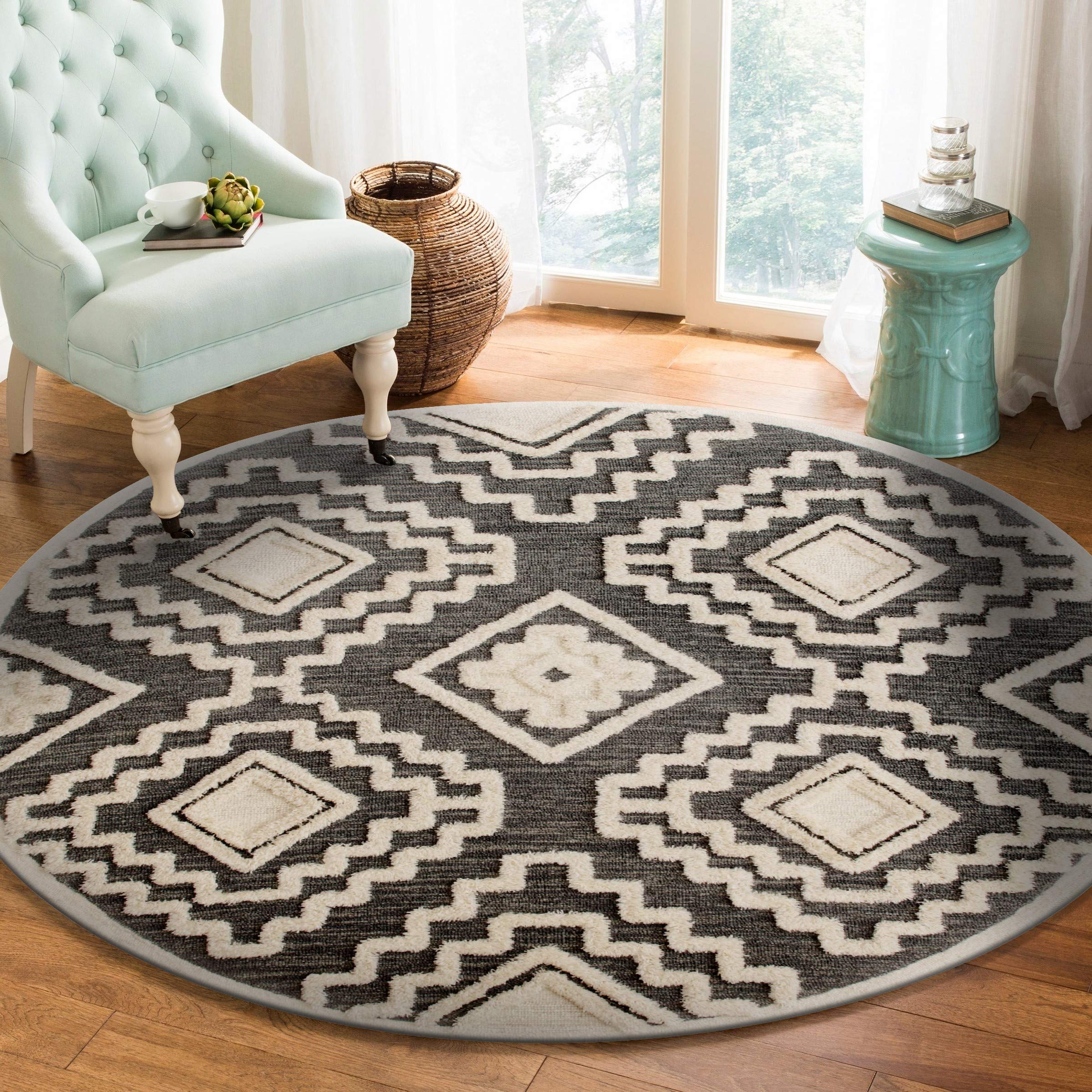 LR Home 6ft Round Indoor Natural Wool Area Rug - Hand Tufted Modern Farmhouse Boho Carpet for Bedroom, Living Room, Office, Entryway | Gray/Cream Home Decor Rug | Perfect for Cozy Spaces, Boho Chic Interiors & Farmhouse Style Rooms