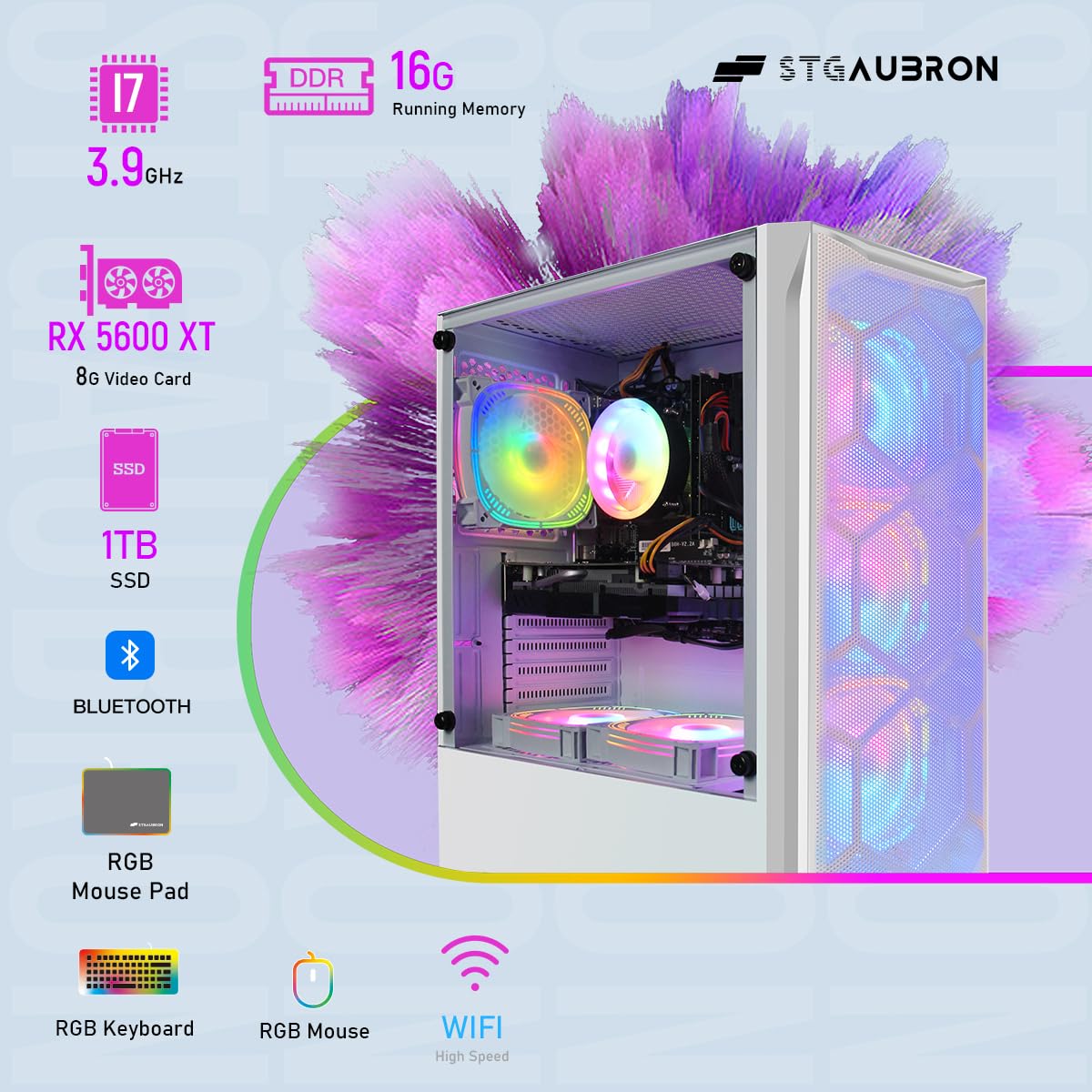 STGAubron Gaming Desktop PC - AMD Radeon RX 5600 XT 6GB GDDR6, Intel Core i7 Processor up to 3.9GHz, 16GB RAM, 1TB SSD, WiFi 600Mbps, Bluetooth 5.0, 6 RGB Fans, Windows 10 Home (White) - Perfect for 4K Gaming, Streaming & VR Experiences