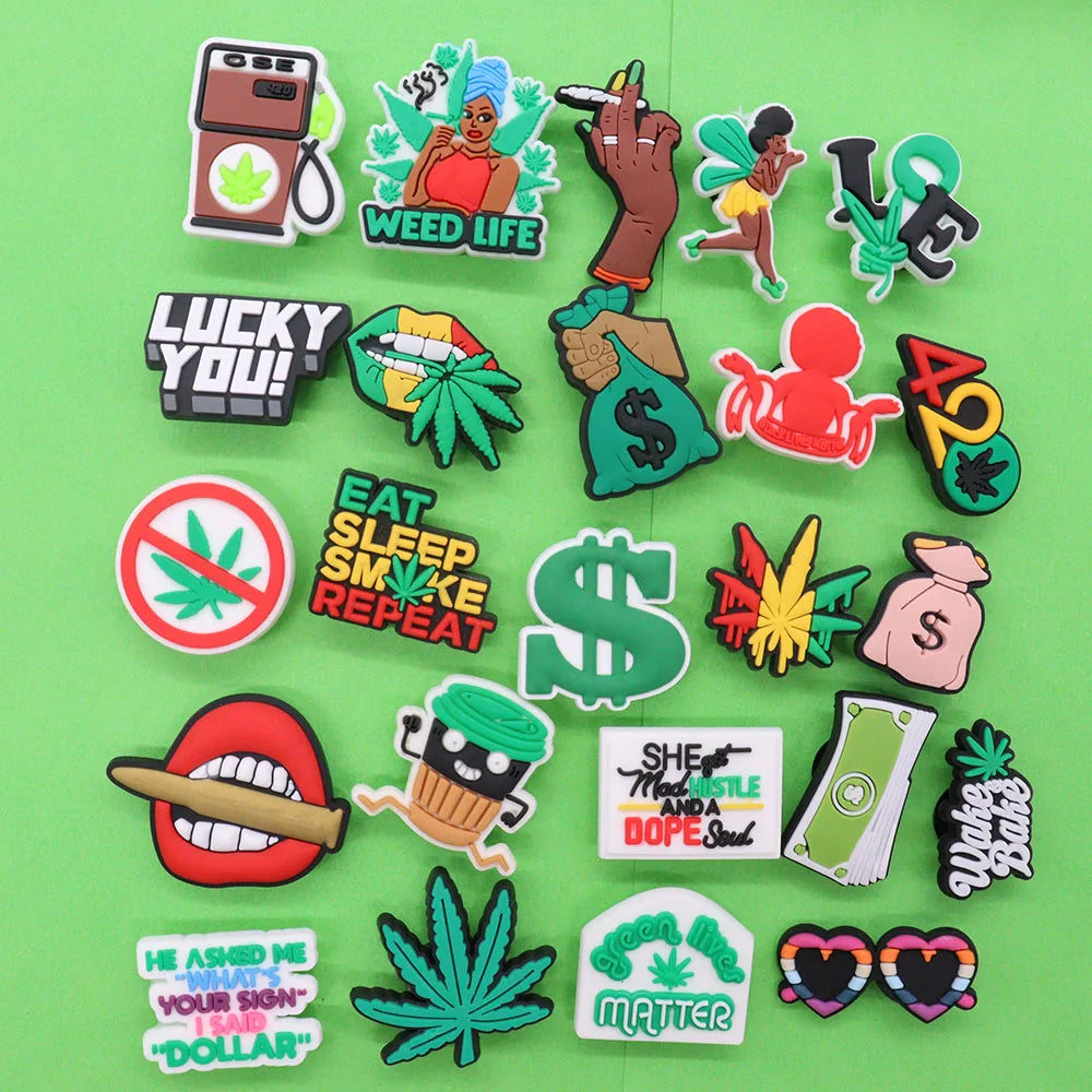 24Pcs PVC Shoe Charms for Clogs & Slippers - Tanker, Weed Life, Hand, Woman, Love Lips, Money & Coffee Designs - Fun Shoe Accessories for Women & Girls - Perfect for DIY Decor, Parties & Gifts