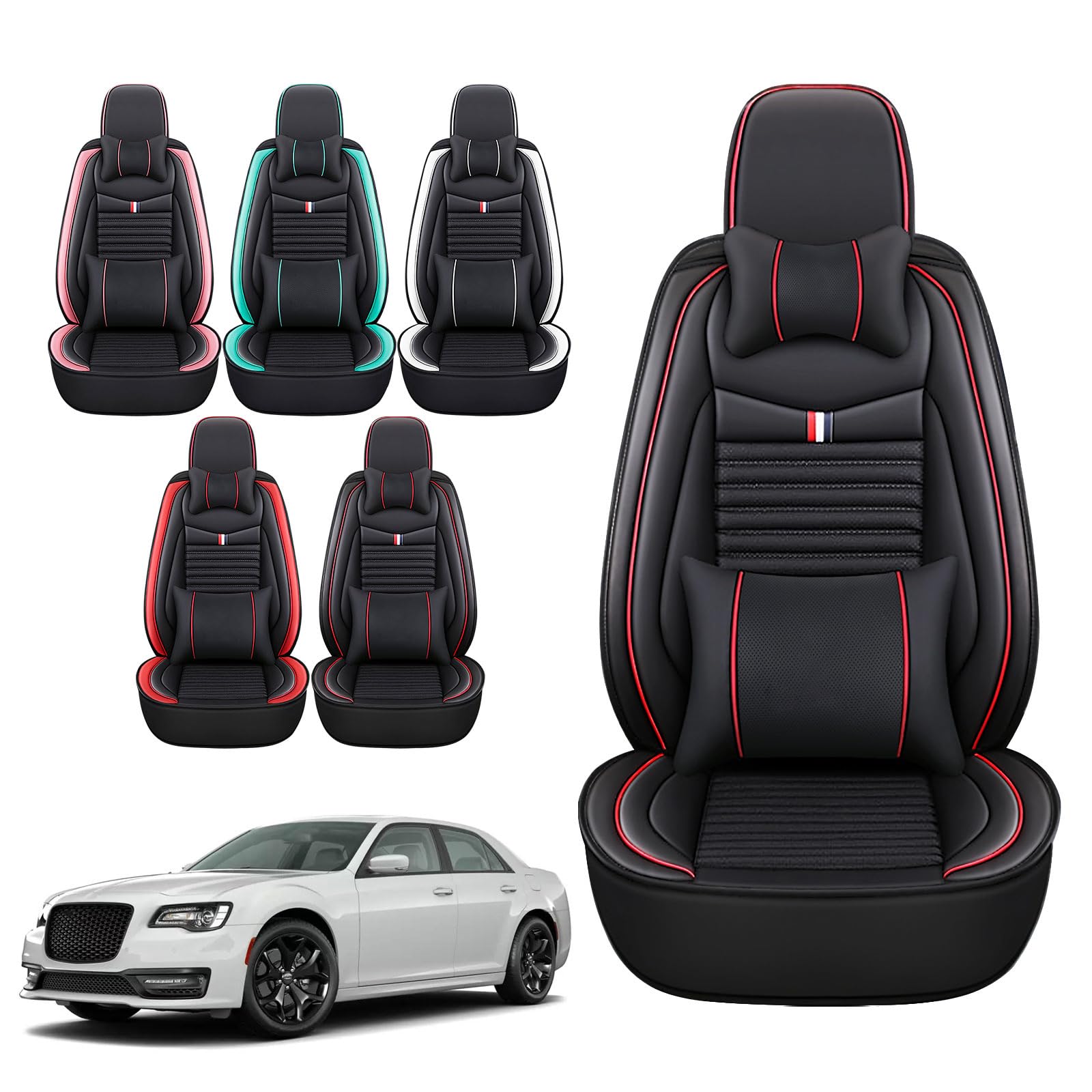 Premium Leather Car Seat Covers for Chrysler 300 (2005-2023) - Universal Anti-Slip Design Fits Most Sedans, SUVs & Trucks - Black Red Bars Style - Perfect for Daily Commute, Road Trips & Car Protection