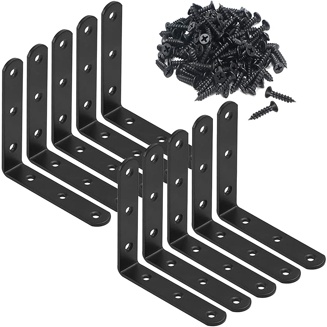 10Pcs Heavy Duty Stainless Steel L Bracket Corner Braces - 4 Inch Right Angle Shelf Brackets for Wood, Shelves & Wall Mounting (90 Degree Joint Support with Screws) - Perfect for Garage Storage, Closet Organizers & DIY Furniture Projects