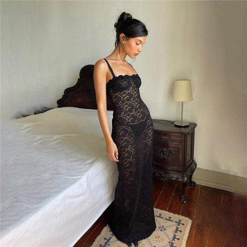 Black Sexy See-Through Lace Slim Dress for Women - Elegant Evening Party & Date Night Outfit