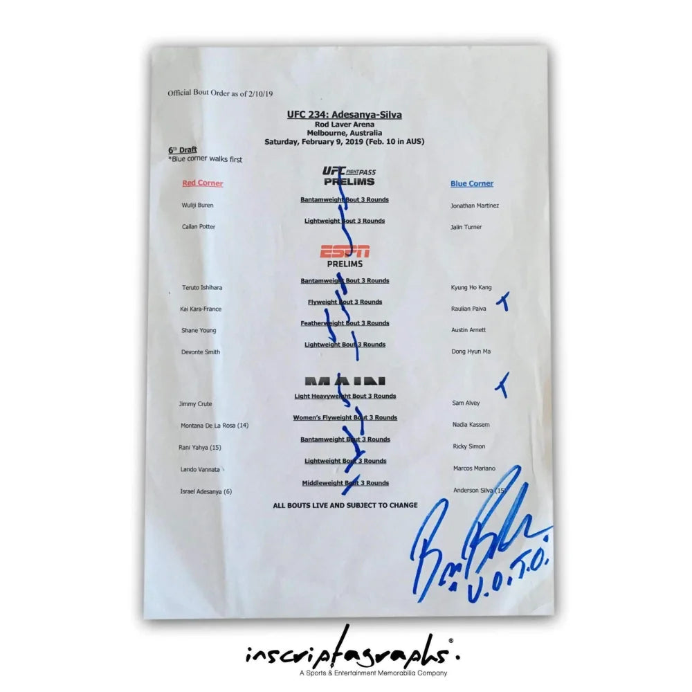 Bruce Buffer's Authentic UFC 234 Australia Official Bout Order List 2/9/19 Anderson Silva - Collectible MMA Memorabilia for UFC Fans & Sports Collectors - Perfect for Man Cave Decor, Fight Night Parties, and UFC Memorabilia Displays