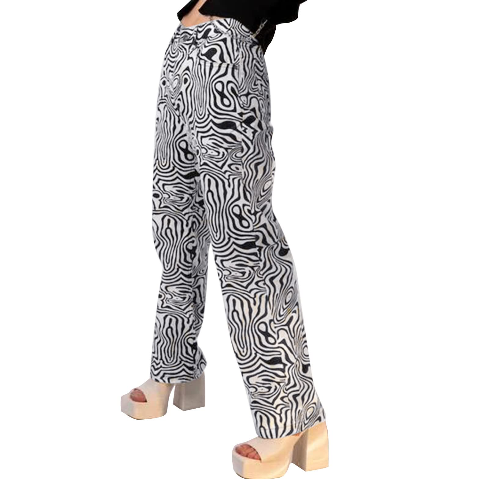 Women's Casual Denim Jeans with Print, Zip & Loose Fit - Comfortable Stack Pants with Pockets for Everyday Wear | Perfect for Work, Travel & Street Style