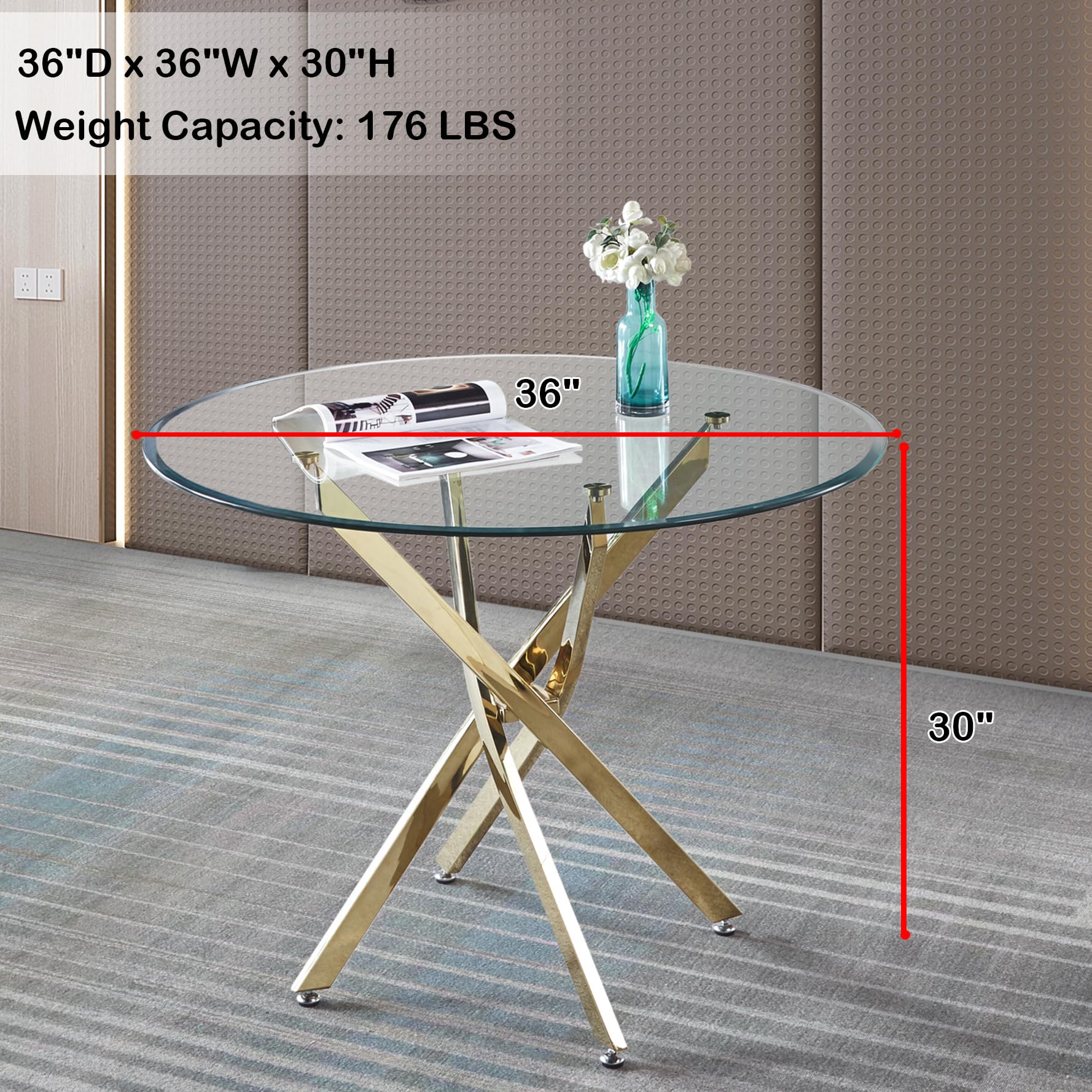 Modern Round Glass Dining Table with Tempered Glass Top & Gold Stainless Steel Base - 36 Inch Kitchen, Office, or Dining Room Table - Perfect for Small Spaces, Breakfast Nooks & Contemporary Home Decor