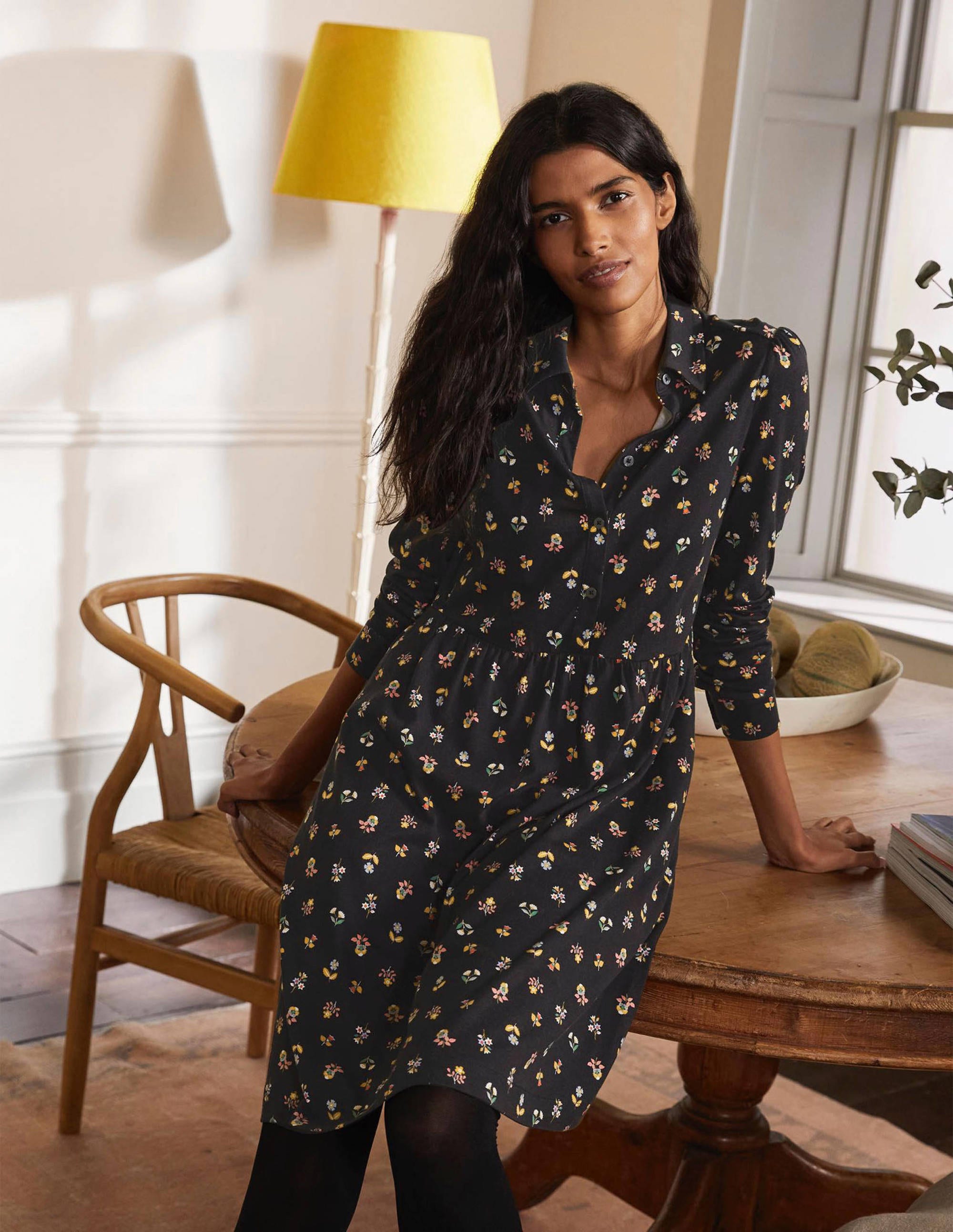 Alma Jersey Shirt Dress Black - Women's Floral Print Casual Dress for Spring & Summer - Perfect for Office, Date Night and Weekend Outings