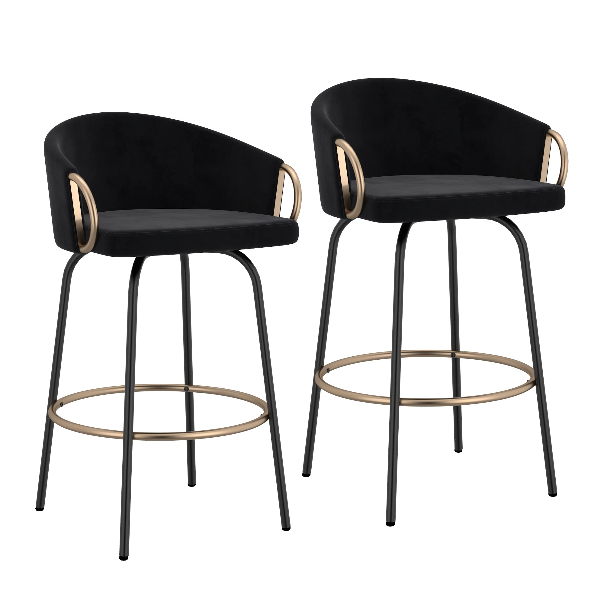 Set of 2 Modern Velvet & Metal 26-Inch Black Counter Stools - Perfect for Kitchen Islands, Breakfast Bars & Home Decor