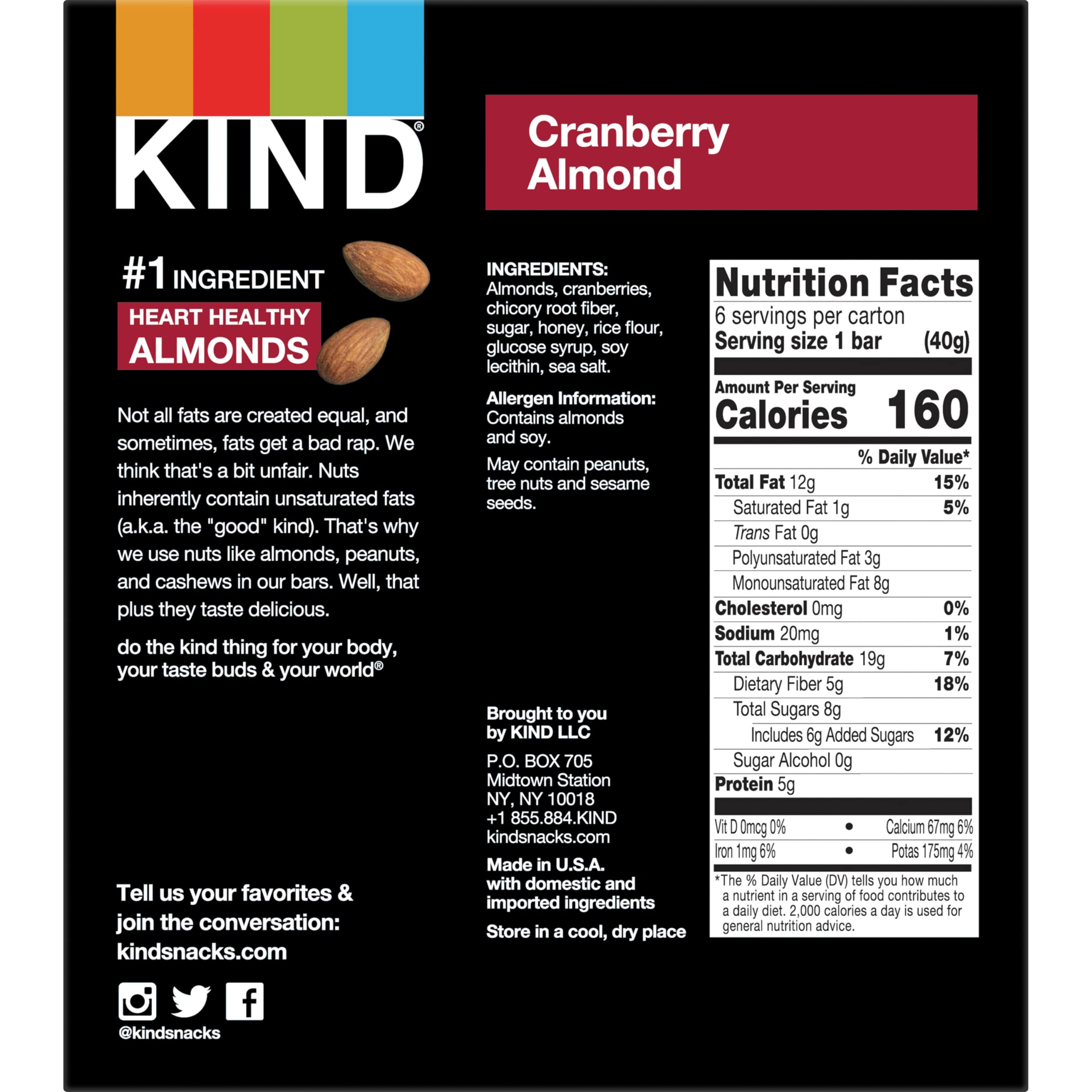 KIND Nut Bars, Cranberry Almond - Healthy Gluten Free Snacks with 5g Protein & Fiber | 6 Count Pack for On-the-Go Breakfast, Hiking & Office Snacking