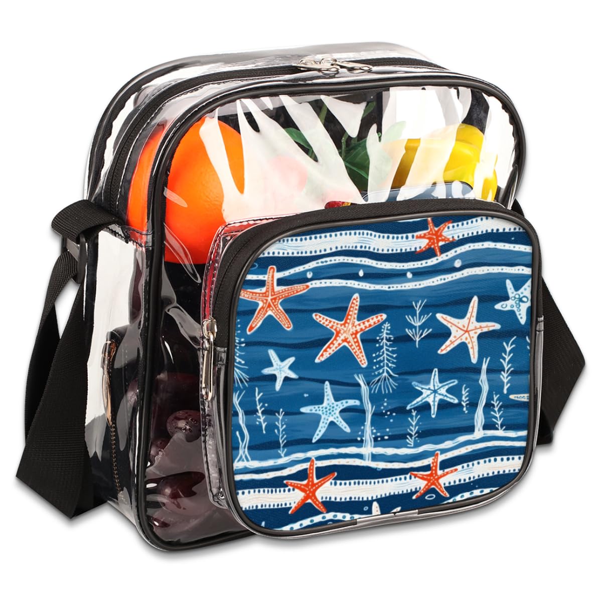Mularoka Starfish Clear Crossbody Purse Bag - Blue & Pink Starfish Design, Stadium Approved Transparent Shoulder Bag for Women & Men | Perfect for Music Festivals, Sports Events, Concerts & Beach Outings