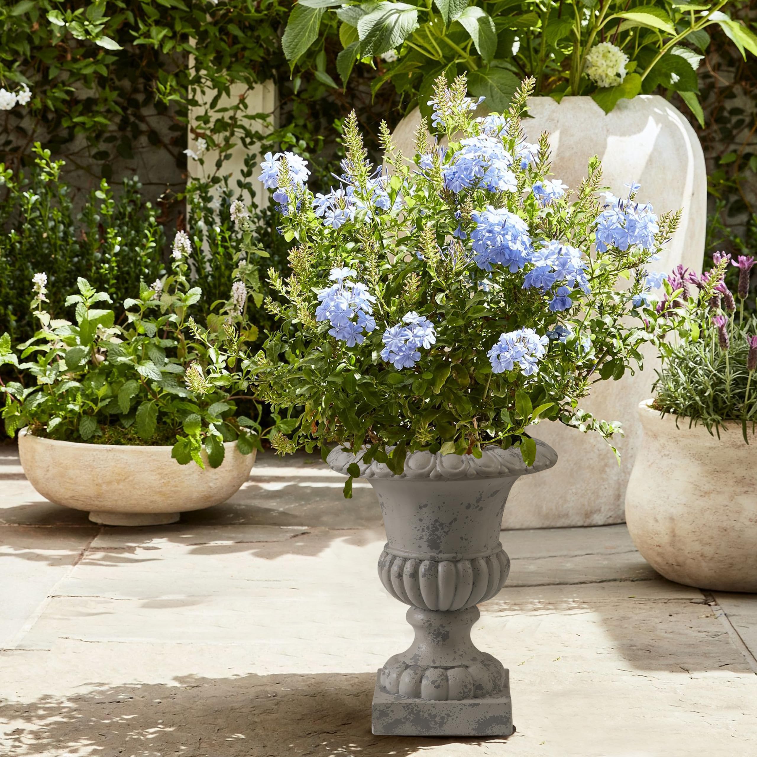 SOFE 16-Inch Rustic Grey Outdoor Urn Planter - Durable Resin Pedestal Flower Pot for Patio, Porch & Garden Decor - Farmhouse Style Planter for Outdoor Plants, Succulents & Flowers