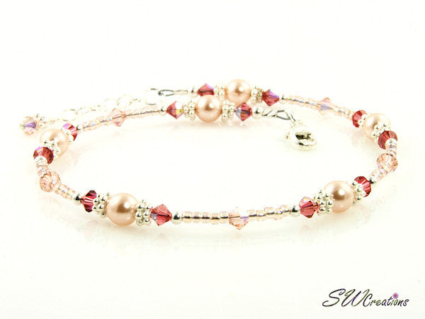 Peach Hibiscus Pearl Crystal Anklet - Elegant Bohemian Ankle Bracelet for Women | Perfect for Beach, Summer Outfits & Boho Fashion Accessories