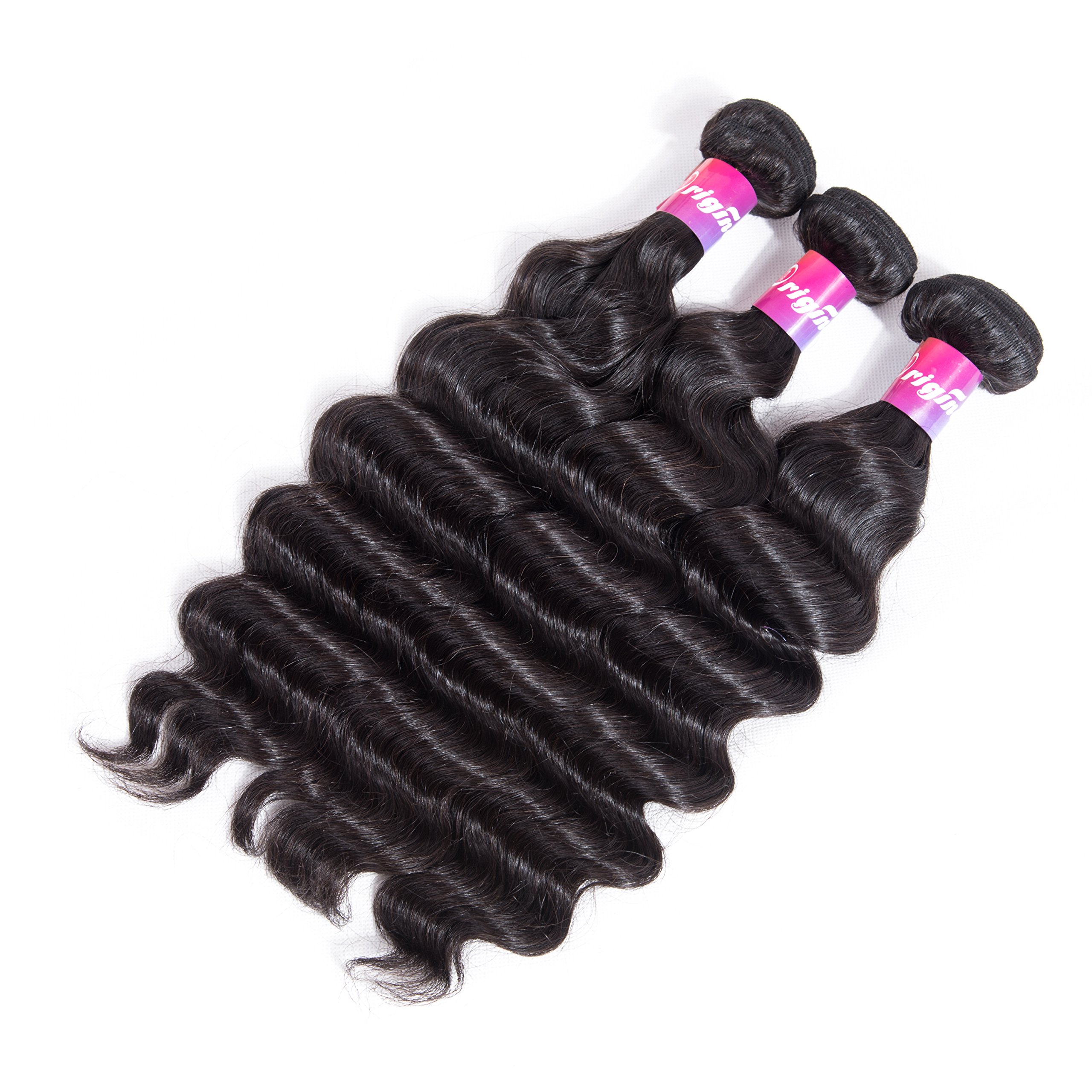 Brazilian Loose Deep Wave Virgin Hair 9A Curly Hair Extensions - 3 Bundles 100% Unprocessed Human Remy Hair, Natural Black Color (22